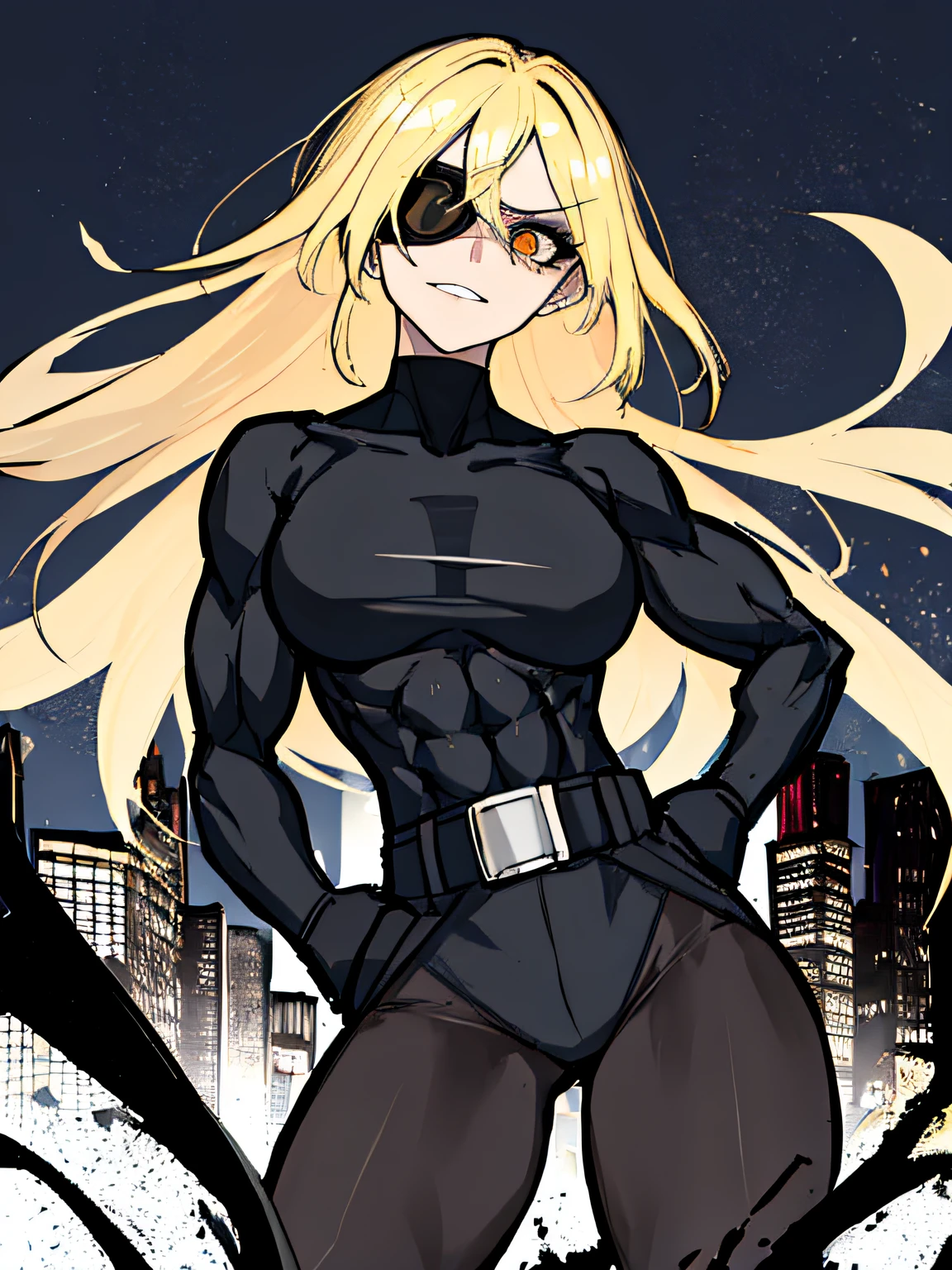 (absurdres, 8k, 4k, masterpiece, hyper extreme detailed:1.2), (masterpiece), best quality, expressive eyes, highres, perfect eyes, 1girl, perfect face, perfect hands, standing, belt, 1girl, blonde hair, eyepatch, perfect anatomy, eyepatch, long hair, platinum blonde hair, muscular, toned body, strong, empty eyes, blank stare, crazy face, crazy eyes, crazy smile, gloves, graphic t- shirt, small, golden eyes, deadpan, expressionless, shaded face, messy hair, crazy hair, city background, heroic, half body, cowboy shot, night time, stars, night sky, hand on head, hands in pockets, wind, windy, pantyhose, covered abdomen, bondage, bdsm, bound, bdsm, tape gag, tape, tape bondage, restrained, tape wrapped, wrap gag, bondage, taped wrists, taped breasts, taped mouth, taped elbows, taped forearms, standing up, 1girl, arms behind back, shocked, wide eyes,