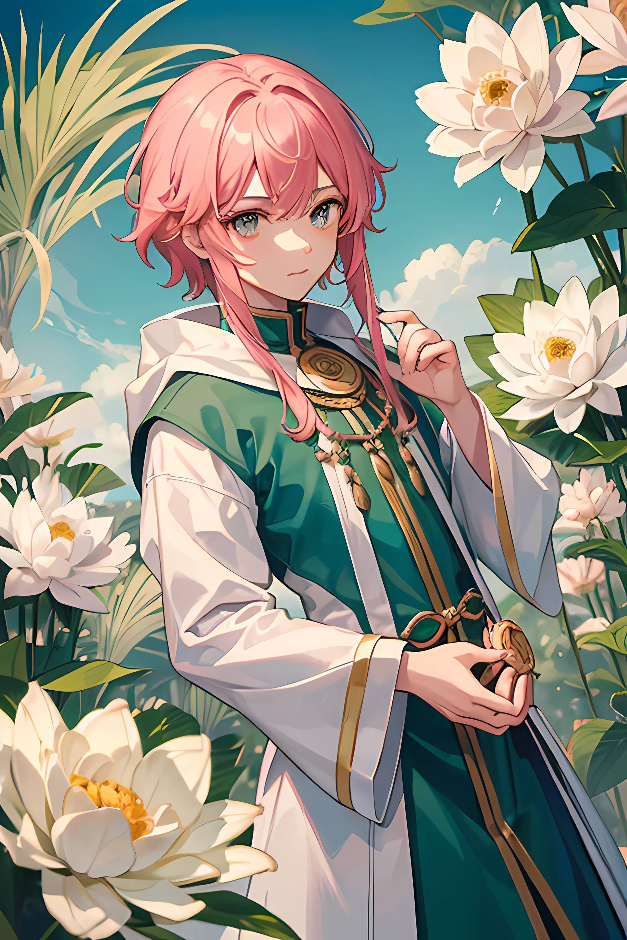 (master part), (best quality), (Ultra Detalhado), personagem masculino, jovem, boy, Elemento natureza, dendro, roupas em tons de branco, verde, rosa e dourado, cabelo rosa, mago, lotuses, catalisador, Beautiful hands and good quality,