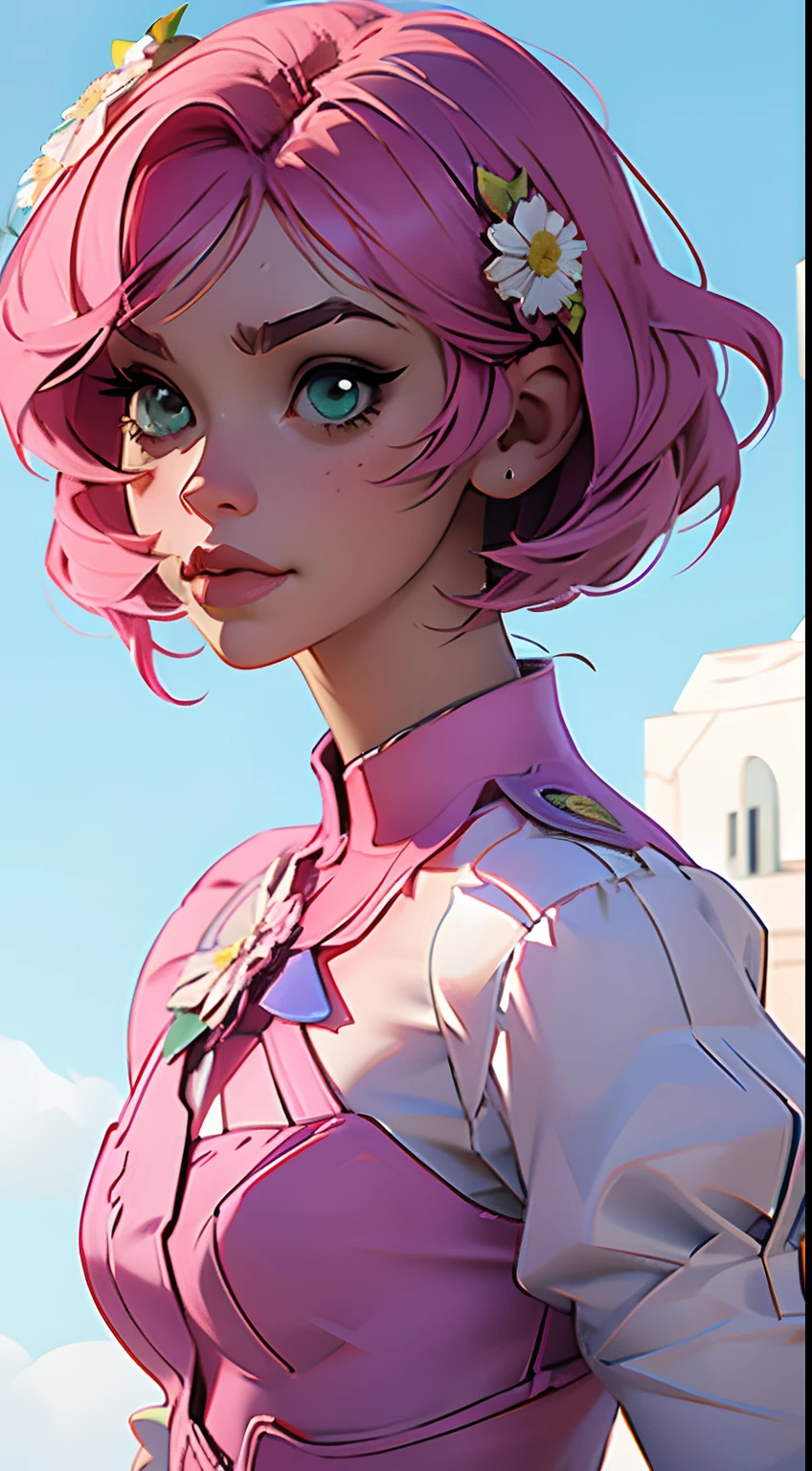 (master part, melhor qualidade) Alisa waifu Rosto bonito, Olhos verdes detalhados , roupas elegantes e detalhadas , puffy lips ,Short Pink Hair Flower Accessories, (melhores detalhes) ( melhor qualidade) espetacular, dramatic scenery, tekken