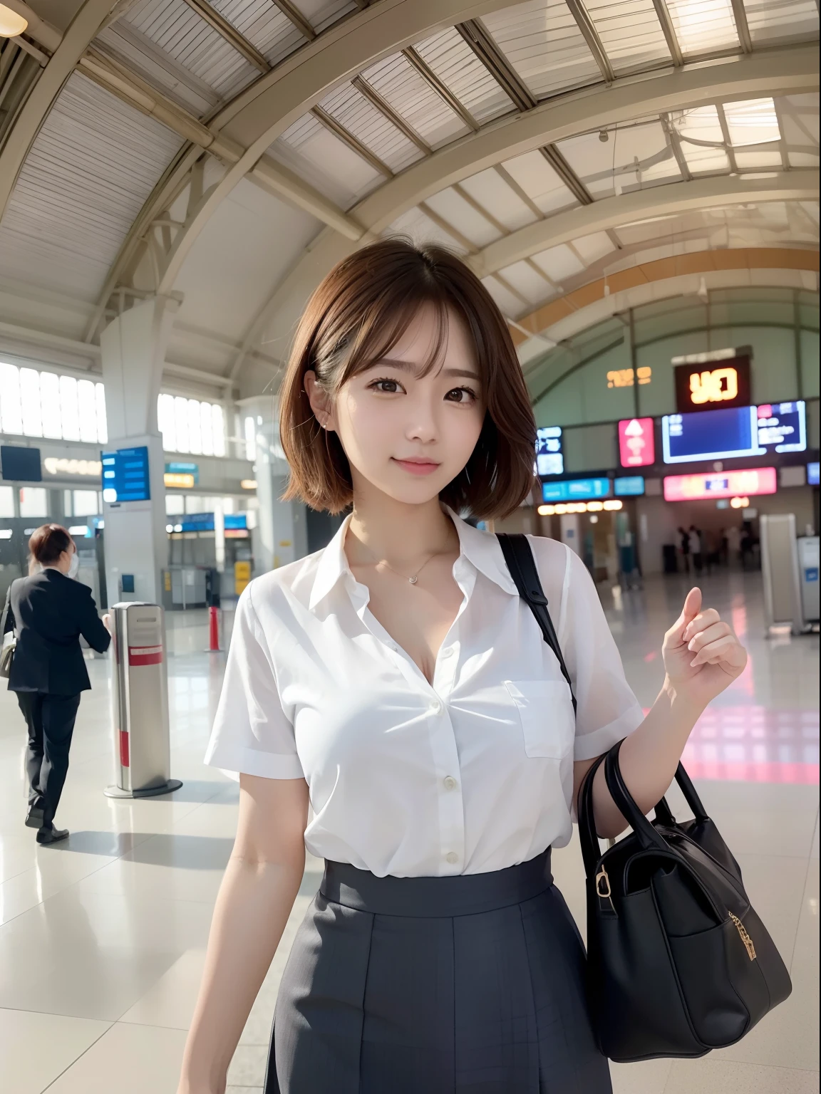 best quality, masterpiece, ultra high res, 8K, raw, (photo realistic:1.4), sharp focus, 1 girl, (detailed background:1.5), (crowded train:1.3), sexy girl, slender, varied poses, cute, 18yo, laugh, tiny breasts, black hair, bob cut detailed clothes, white shirt, sexy mini skirt