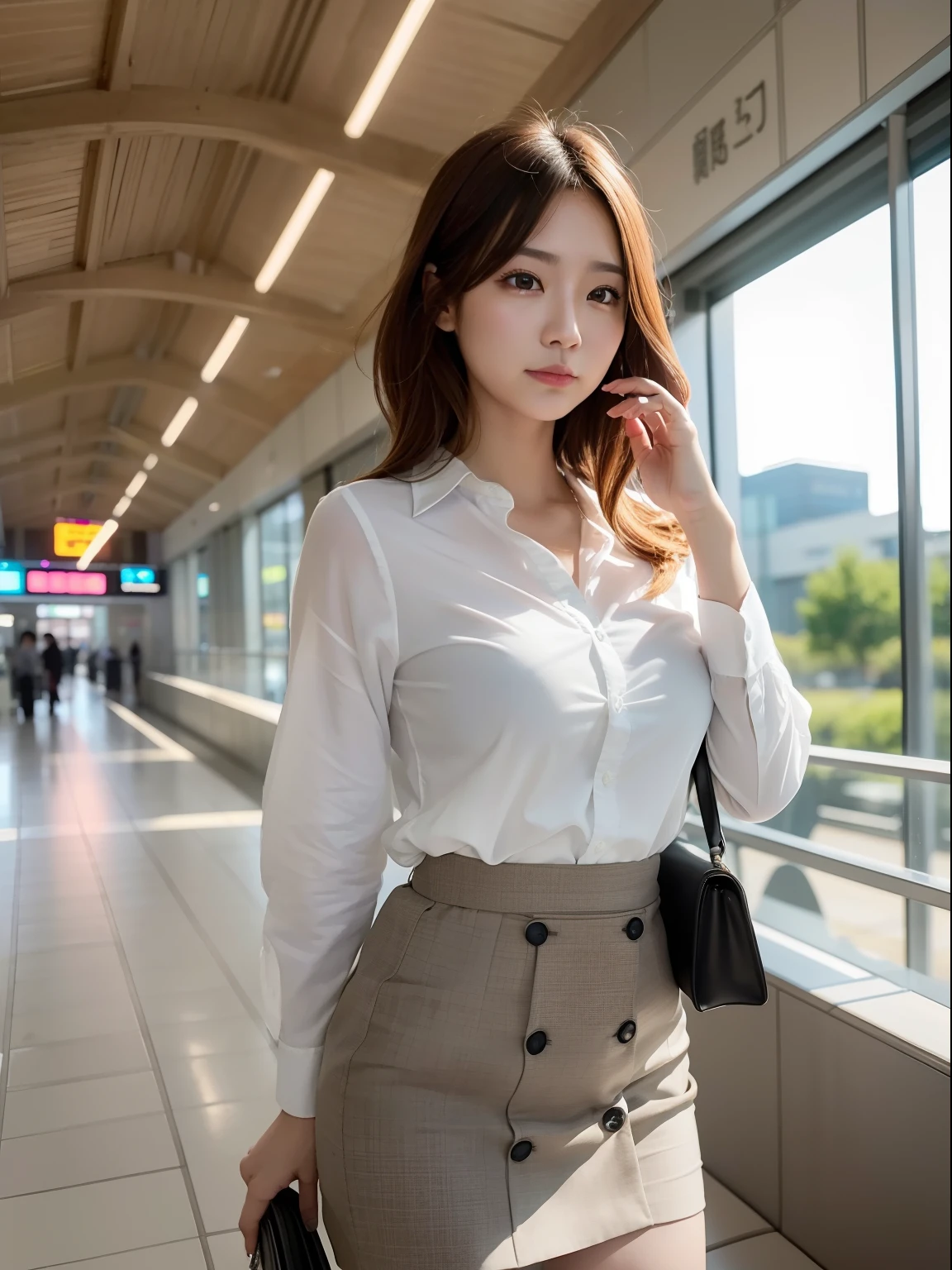 Women's Suits、Brown hair、Middle hair、kawaii faces、On the train、Tight skirt、Spread your legs apart、sexy underwear、Spread your legs boldly、Tight suit、A smile、23years old、White shirt、Pin-high heels、The shape of the pubic area is clearly visible、Pubic hair is see-through