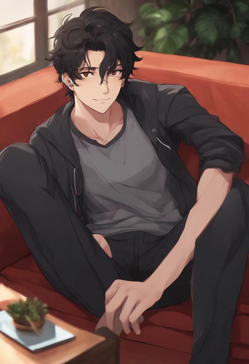 anime guy, late -18, tall, black messy hair, fair skin, bump on nose, hazel eyes, grinning, veiny hands, black tight shirt, gray sweatpants, manspreading on couch