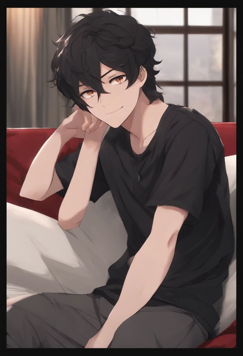 anime guy, late -18, tall, black messy hair, fair skin, bump on nose, hazel eyes, grinning, veiny hands, black tight shirt, gray sweatpants, manspreading on couch