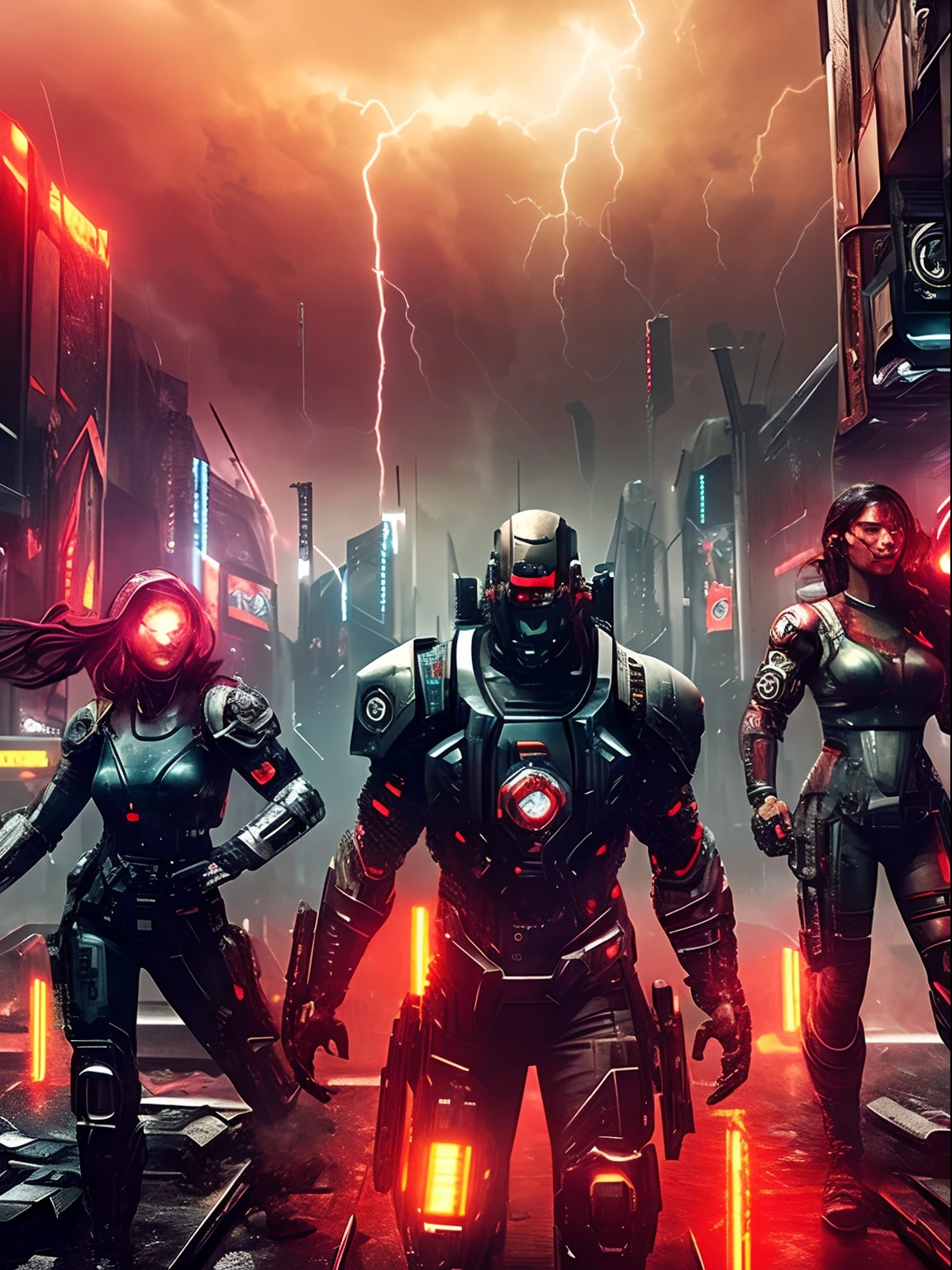 A close-up view of a group of very angy armed half human cyborgs, fierce; across the view of a devastated metropolis, 3D; apocalyptic retro cyberpunk; heavy thunderstorms; red color splash; dynamic color-field; dynamic action poses; cyclorama effect; ultra realistic, cinematic lighting
