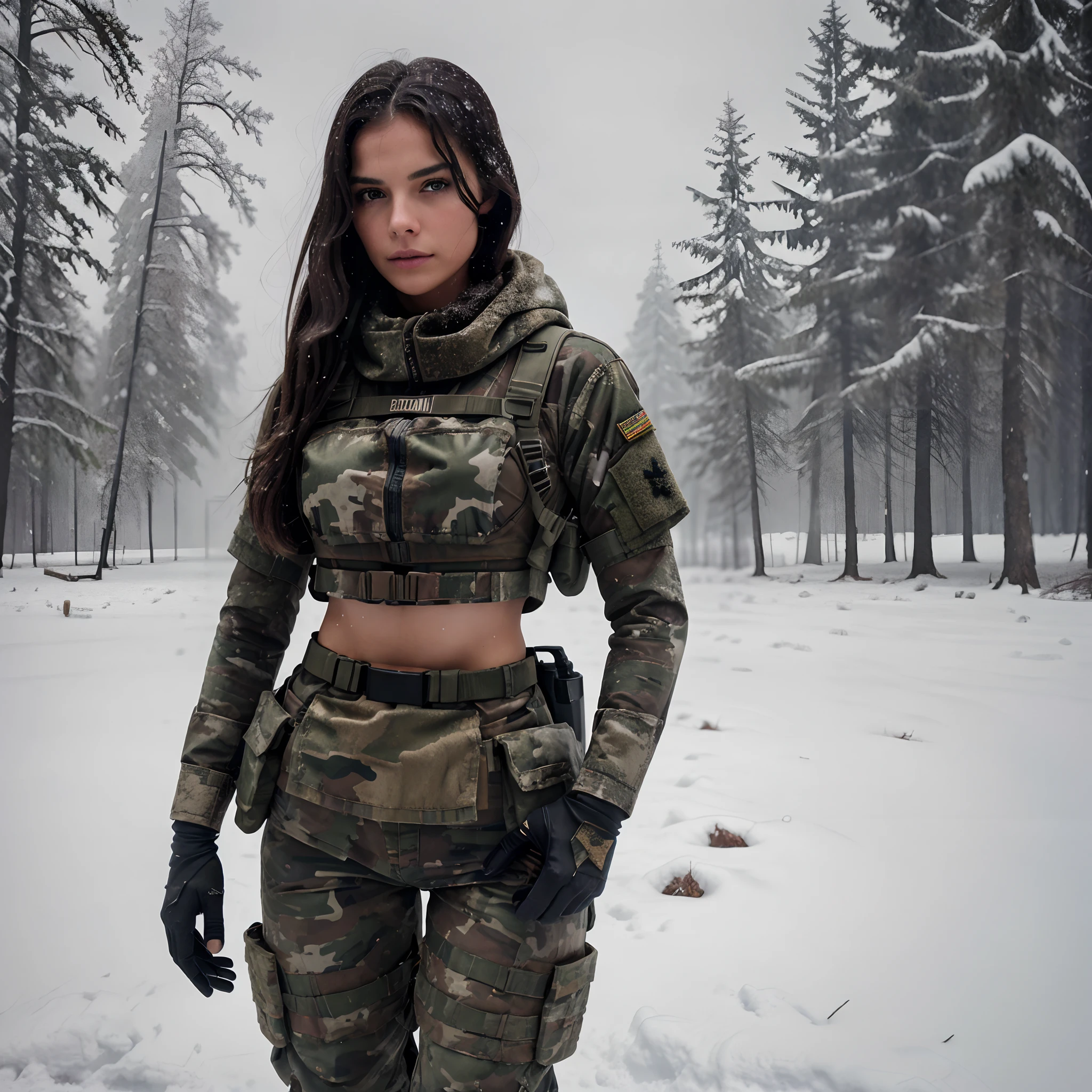 A beautiful brunette soldier girl, wearing winter camo military gear, camo plate carrier rig, combat gloves, AR-15, during a snow storm,, beautiful, moody lighting, best quality, full body portrait, real picture, intricate details, depth of field, in a cold snowstorm, , Fujifilm XT3, outdoors, bright day, Beautiful lighting, RAW photo, 8k uhd, film grain, dark hues, moody