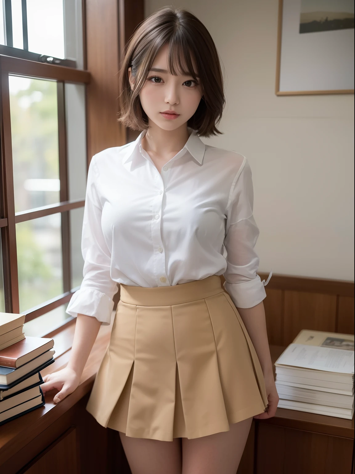 ((of the highest quality, 8K, masutepiece: 1.3, Raw photo)), Sharp Focus: 1.2, (1 AESPA Girl :1.1), Solo, (Realistic, Photorealistic: 1.37), (Face Focus: 1.1), Cute face, hyperdetailed face, Short messy hair,large full breasts , (Chiffon shirt, Skirt lift: 1.3), ((Lift the hem of the skirt, Lift the hem of the skirt with both hands)), Lift the hem of the skirt yourself, crass room, Books, Thigh