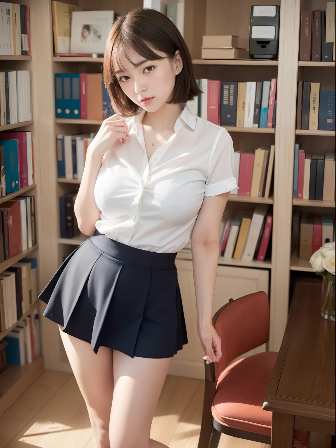((Best quality, 8k, Masterpiece: 1.3)), Sharp focus: 1.2, (1 TWICE girl: 1.2), beautiful face girl, cute face, age 28, small breasts, flat chest, brunette short messy hair, standing, white summer shirt, skirt, office room, books, sunlight, kindness, cinematic lighting, from below, (8k, masterpiece, best quality, raw photo)