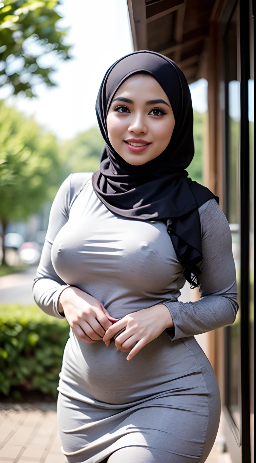RAW, Best quality, high resolution, Masterpiece: 1.3), Beautiful Malay woman in hijab, Masterpiece, Perfect slim body, ((Big breasts)), Beautiful big eyes, Soft smile, (wearing baju kurung), smiling, windy, skin details, skin texture details, wide hips, thick thighs, sexy body, morning time, laughing, happy, bright sunlight, flower garden path, blurred background, bokeh,