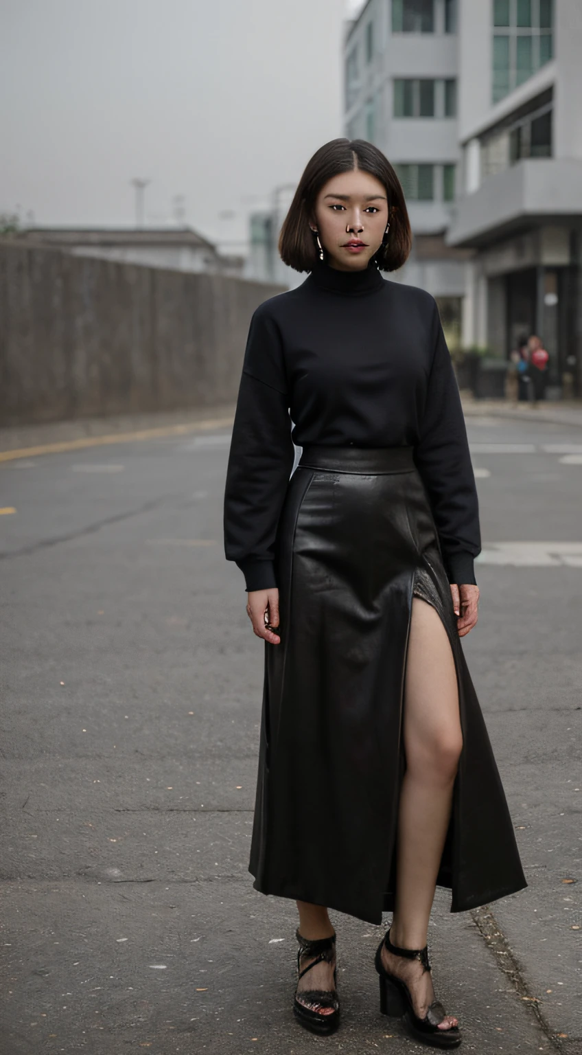 Extravagant Chinese Clothing, Young Chinese Woman, Neckline sweatshirt, Eco leather, Asymmetry, long skirt, Transparent Shoes, Neo-Futurism style, fashionable, Metropolis around, ultradetail, A hyper-realistic