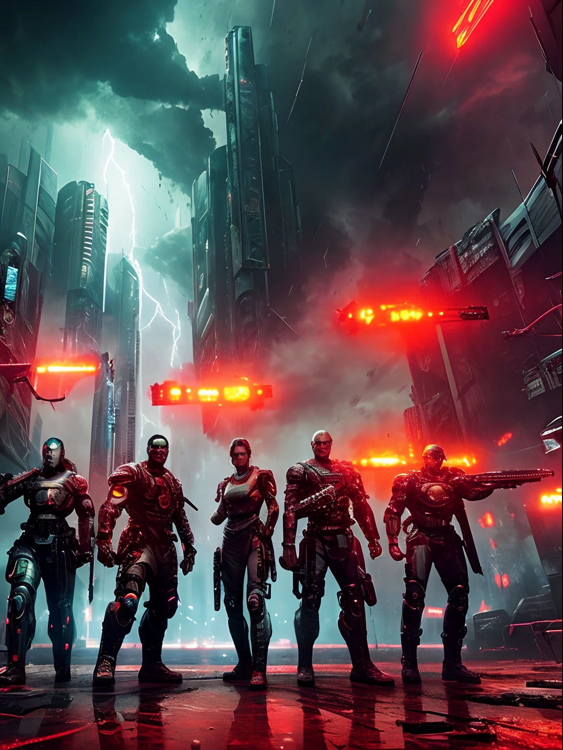 A close-up view of a group of very angy armed half human cyborgs, fierce; across the view of a devastated metropolis, 3D; apocalyptic retro cyberpunk; heavy thunderstorms; red color splash; dynamic color-field; dynamic action poses; cyclorama effect; ultra realistic, cinematic lighting