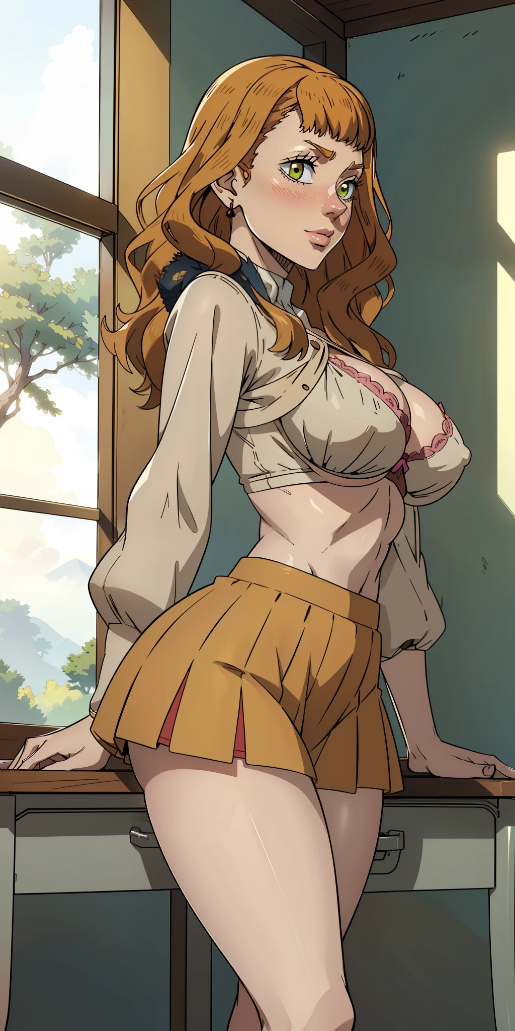 Hyper realistic super detailed sexy Mimosa Vermillion, NSFW (en anglais seulement), Very detailed, expressions faciales sexy, seductive facial expressions, [:(Face detail: 1.4): 0.4], 16K resolution, 4k resolution, dinamic lighting, High definition resolution, (sexy pose, Position attrayante), (hyper realistic: 1.4), (back light: 1.2), (Nuit: 1), (pleine hauteur: 1.8),(contrasting background: 1.5), (Anatomy of the hyperrealistic arm), (Hyperrealistic anatomy of the legs), (peau propre), (lighting cinematic: 1.7), (intime), (Technologie NVIDIA RTX Ray Tracing), (Anatomy of the hyperrealistic arm: 2), (Ventre plat parfait), (image couleur),Cute, (lovely), ((Sexy)), (Ero), ((Extremely detailed)), 4K, (8K), Best Quality, (Beautiful), Illustration, Anime style, Painting, absurderes、perfect anatomia、Mimosa Vermillion、bra very、Bra visible from clothes、Braline、breastsout、‎Classroom、cleavage of the breast、鎖骨、desk、From above、big breasts, length hair, on desk, pleatedskirt, School Desk, student clothes, The shirt, skirt by the, 独奏, thighs thighs thighs thighs, red blush, ssmile