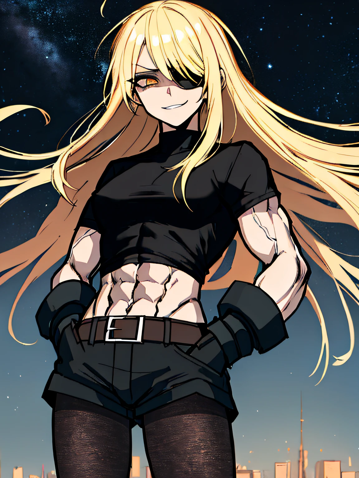 (absurdres, 8k, 4k, masterpiece, hyper extreme detailed:1.2), (masterpiece), best quality, expressive eyes, highres, perfect eyes, 1girl, perfect face, perfect hands, standing, belt, 1girl, blonde hair, eyepatch, perfect anatomy, eyepatch, long hair, platinum blonde hair, muscular, toned body, strong, empty eyes, blank stare, crazy face, crazy eyes, crazy smile, gloves, black t- shirt, small, golden eyes, deadpan, expressionless, shaded face, messy hair, crazy hair, city background, heroic, half body, cowboy shot, night time, stars, night sky, hand on head, abs, hands in pockets, wind, windy, pantyhose, covered abdomen