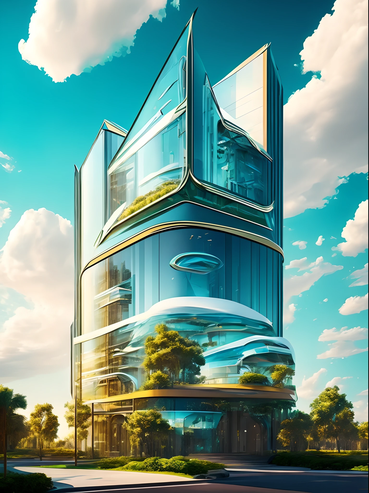 Skyscaper estilo futurista, glass building, inspirado em formas abstratas, Organic Glass Shapes, Ultra alta qualidade, hyper realistic