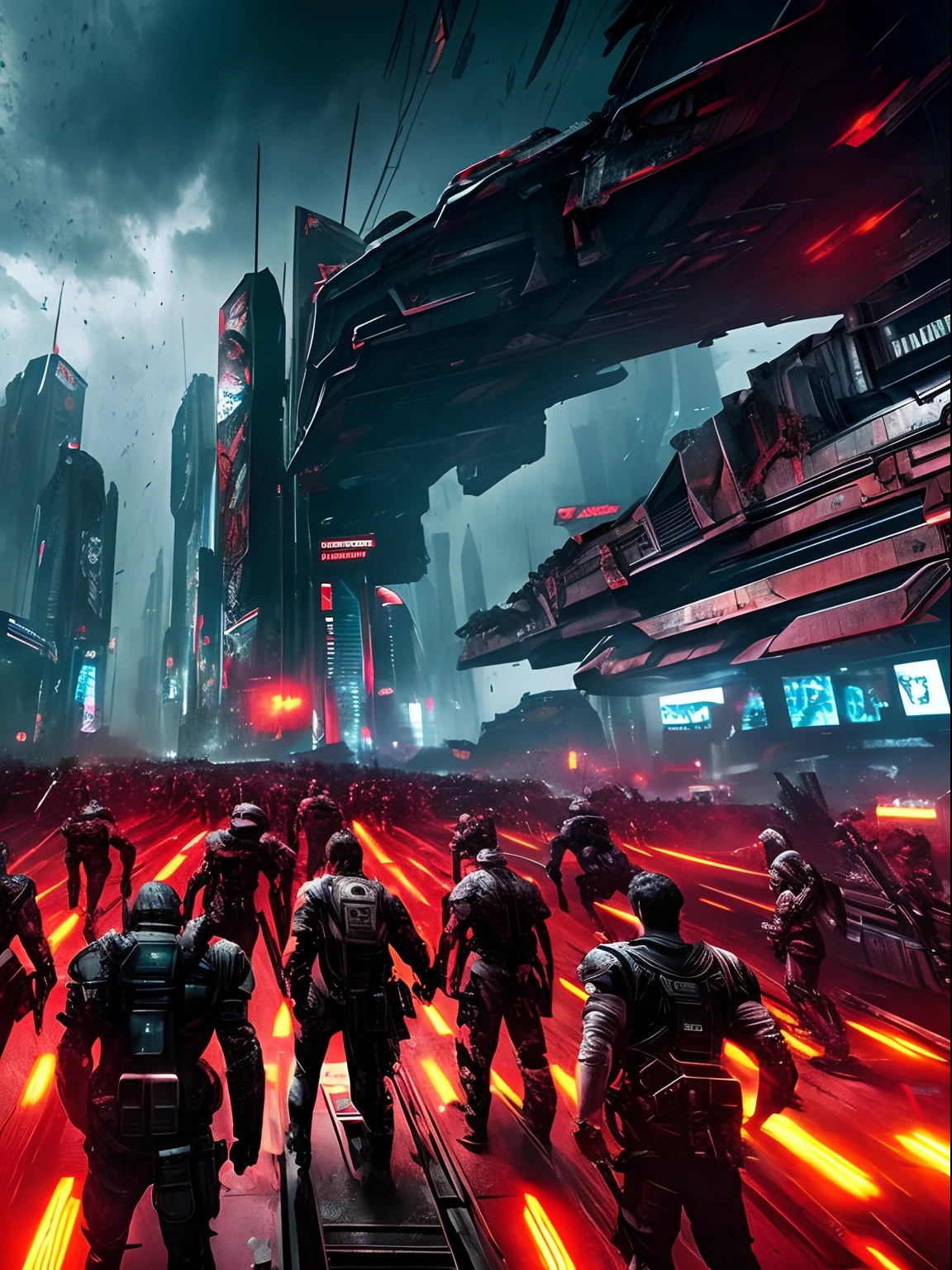 A close-up view of a large group of very angy armed half human cyborgs, fierce; across the view of a devastated metropolis, 3D; apocalyptic retro cyberpunk; heavy thunderstorms; red color splash; dynamic color-field; dynamic action poses; cyclorama effect; ultra realistic, cinematic lighting