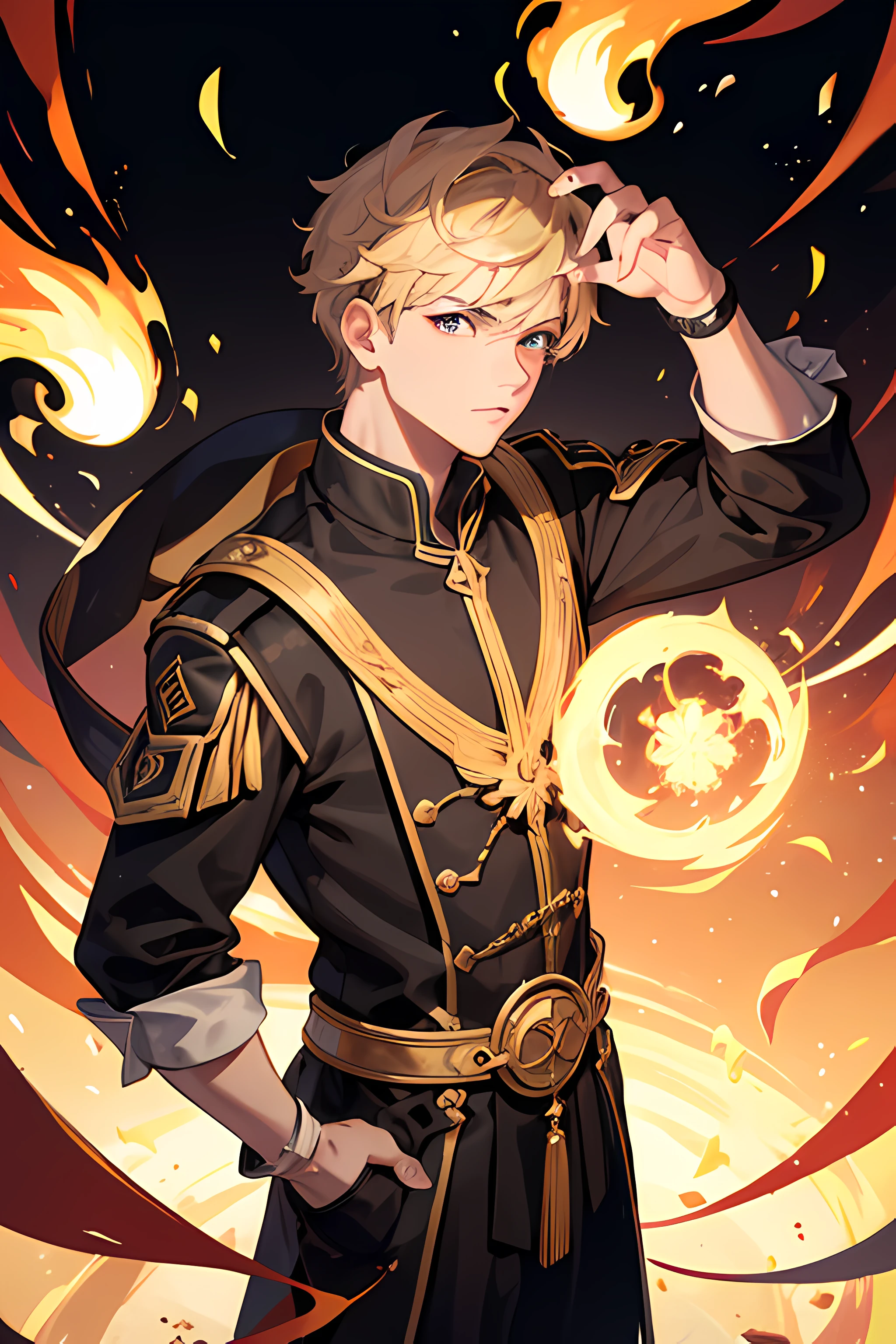 (master part), (best quality), (Ultra Detalhado), personagem masculino, jovem, menino, Elemento fogo, pyro, roupas em tons de preto, vermelho e dourado, cabelo branco, mago, penas, catalisador, Beautiful hands and good quality,