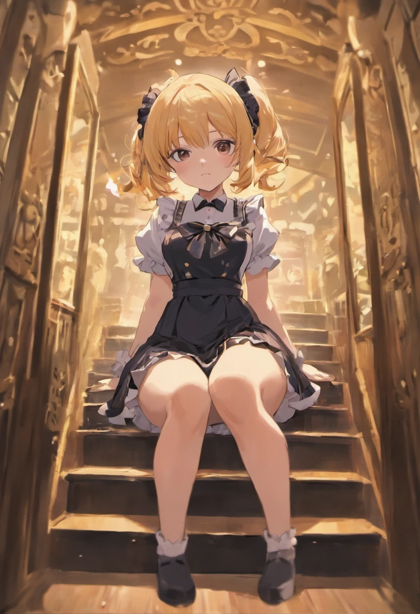 top-quality、Maid café girl crouching and chatting,Thigh Socks Black,Very short skirt,Lace ruffled underwear,Platform Made Shoes