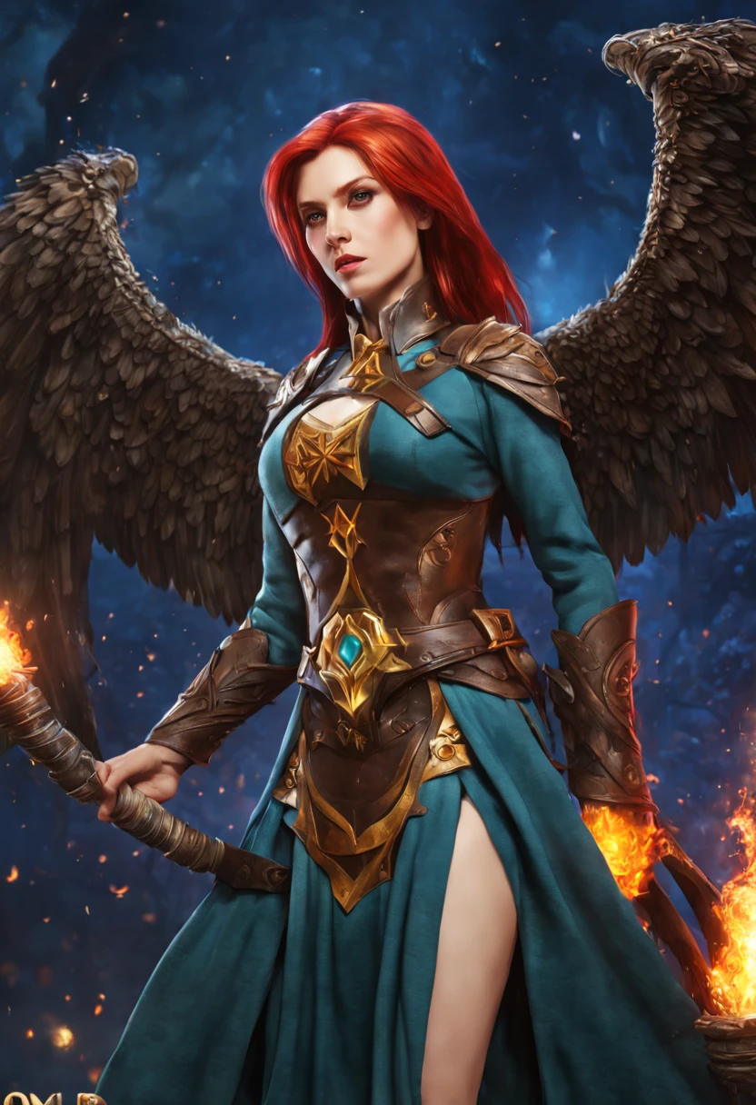 8k, ultra detalhado, master part, melhor qualidade, (extremamente detalhado), Arafed, arte dnd, scenic view, corpo inteiro, Aasimar sorceress casting a flaming spell, Aasimar, female, (Obra-prima 1.3, Detalhes intensos), female, feiticeira, Casting Flaming Spell (Obra-prima 1.3, Detalhes intensos) grandes asas angelicais, Open Blue Angelic Wings (Obra-prima 1.3, Detalhes intensos), magical fantasy background (Obra-prima 1.5, Detalhes intensos), lua, Estrelas, nuvem, vestindo manto branco, Capa roxa, flowing robe (Obra-prima 1.3, Detalhes intensos), Botas de salto alto (Obra-prima 1.3, Detalhes intensos), armado com pessoal, red hair, olhos verdes, olhos intensos, Feminino, Face Ultra Detalhada, (Obra-prima 1.5, melhor qualidade), anatomicamente correto (Obra-prima 1.3, Detalhes intensos), face determinada, Luz Divina, Cinematic lighting, luz suave, silhueta, fotorrealismo, scenic view (Obra-prima 1.3, Detalhes intensos) , Wide-Angle, Ultra-Grande Angular, 8k, Altas, melhor qualidade, Detalhes altos