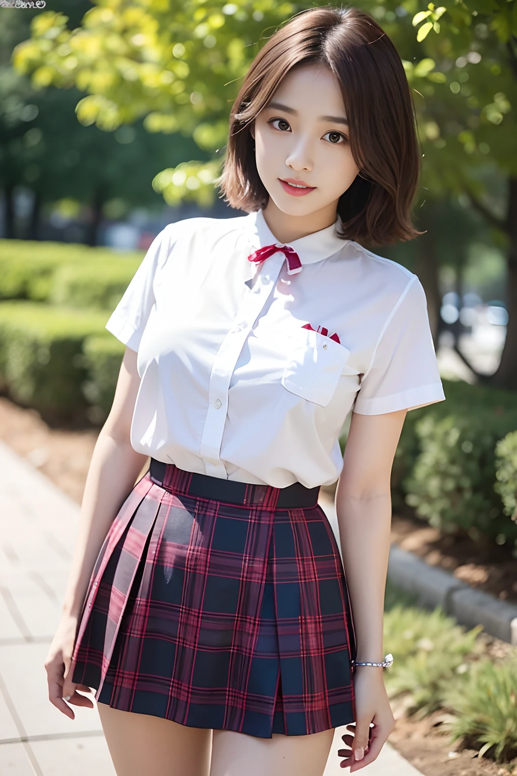 ((of the highest quality, 8K, masutepiece: 1.3, Raw photo)), Sharp Focus: 1.2, (1 AESPA Girl :1.1), Solo, (Realistic, Photorealistic: 1.37), (Face Focus: 1.1), Cute face, hyperdetailed face, short messy hair, Small Smile, small breasts, flat chest, (white blouse, skirt: 1.2), standing office room, thigh, (roll up the skirt and show panties herself: 1.3), iris flower
