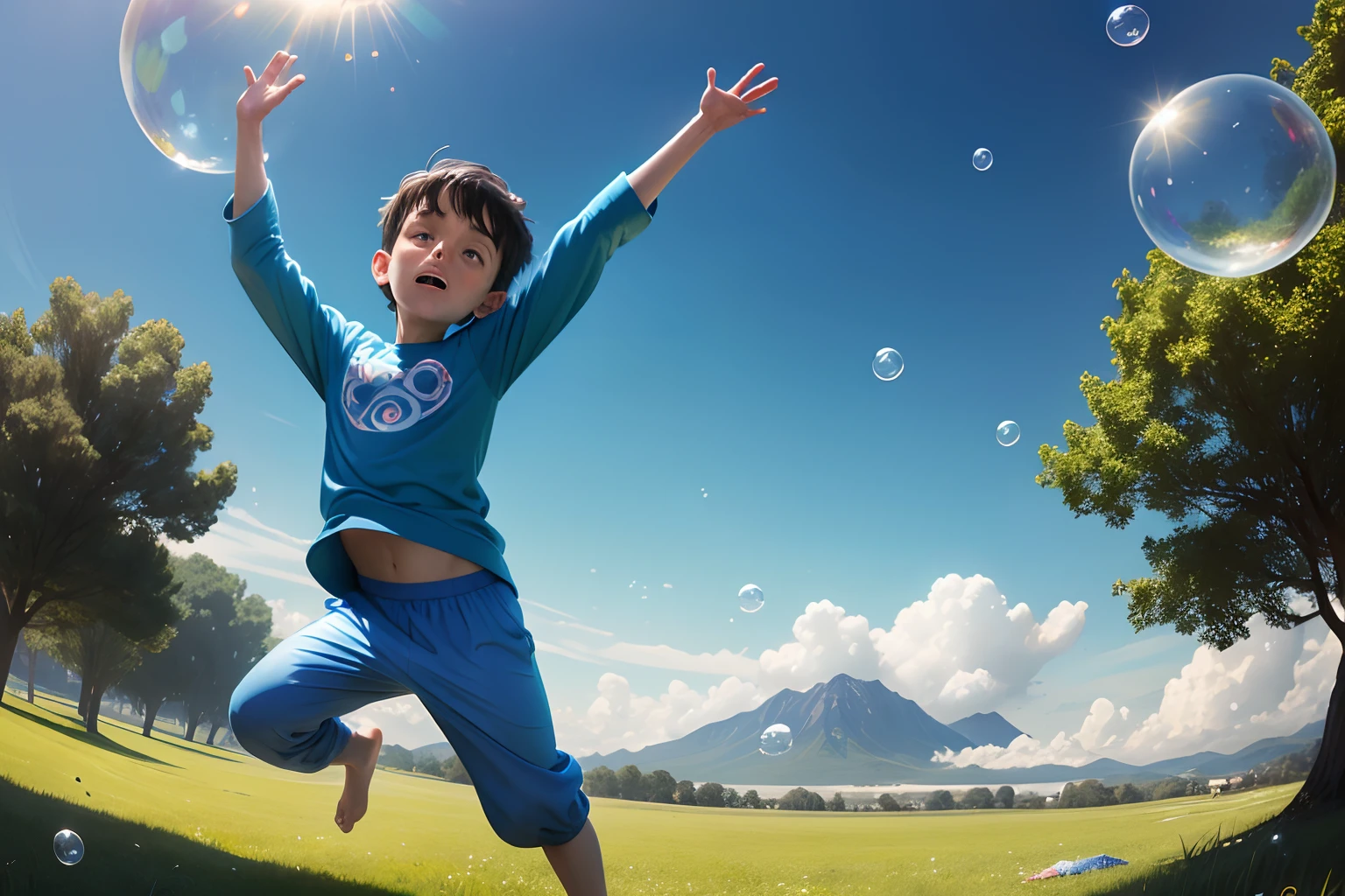 Estilo Pixar, After what seemed like an eternity, the bubble finally touched the ground. Tim the boy wearing blue pijamas, didn't waste a moment and jumped out, landing on the soft grass. The bubble staid posed on the grass behind him