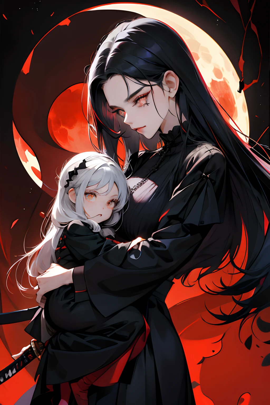 Ultra Detalhado, Mother and daughter, (cabelo preto), Olhos vermelhos, vestidos longos, cuddles, Katanas, gothic background, luz do ..fora, ..............lua, Universo paralelo