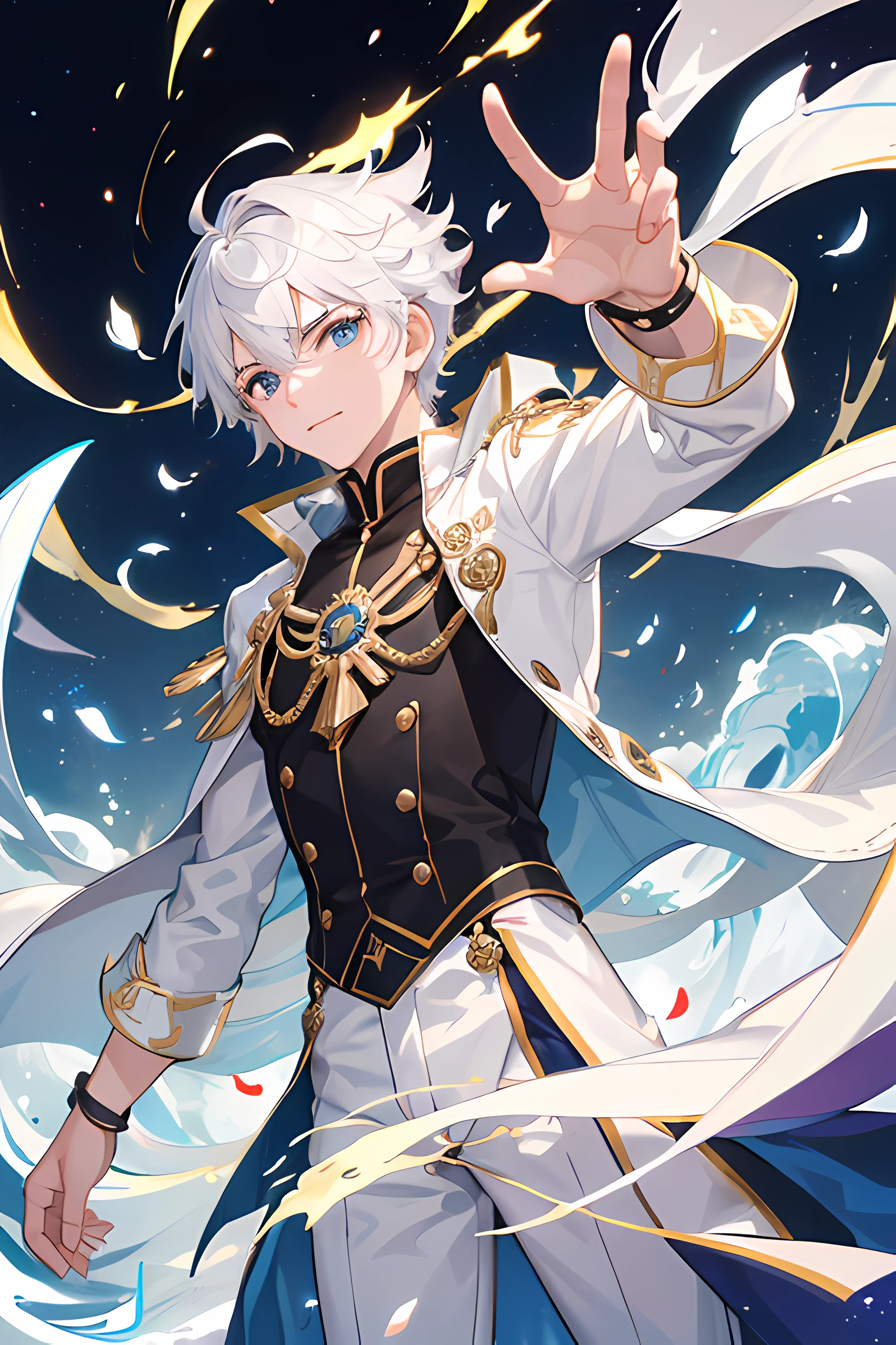 (master part), (best quality), (Ultra Detalhado), personagem masculino, jovem, menino, Elemento gelo, pyro, roupas em tons de branco, cinza e dourado, cabelo branco, mago, flocos de neve, catalisador, Beautiful hands and good quality,