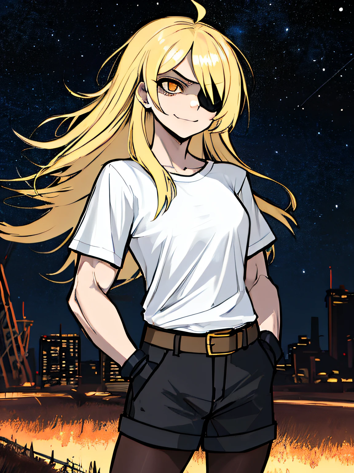 (absurdres, 8k, 4k, masterpiece, hyper extreme detailed:1.2), (masterpiece), best quality, expressive eyes, highres, perfect eyes, 1girl, perfect face, perfect hands, standing, belt, 1girl, blonde hair, eyepatch, perfect anatomy, eyepatch, long hair, platinum blonde hair, muscular, toned body, strong, empty eyes, blank stare, crazy face, crazy eyes, crazy smile, gloves, graphic t- shirt, small, golden eyes, deadpan, expressionless, shaded face, messy hair, crazy hair, city background, heroic, half body, cowboy shot, night time, stars, night sky, hand on head, hands in pockets, wind, windy, pantyhose, covered abdomen