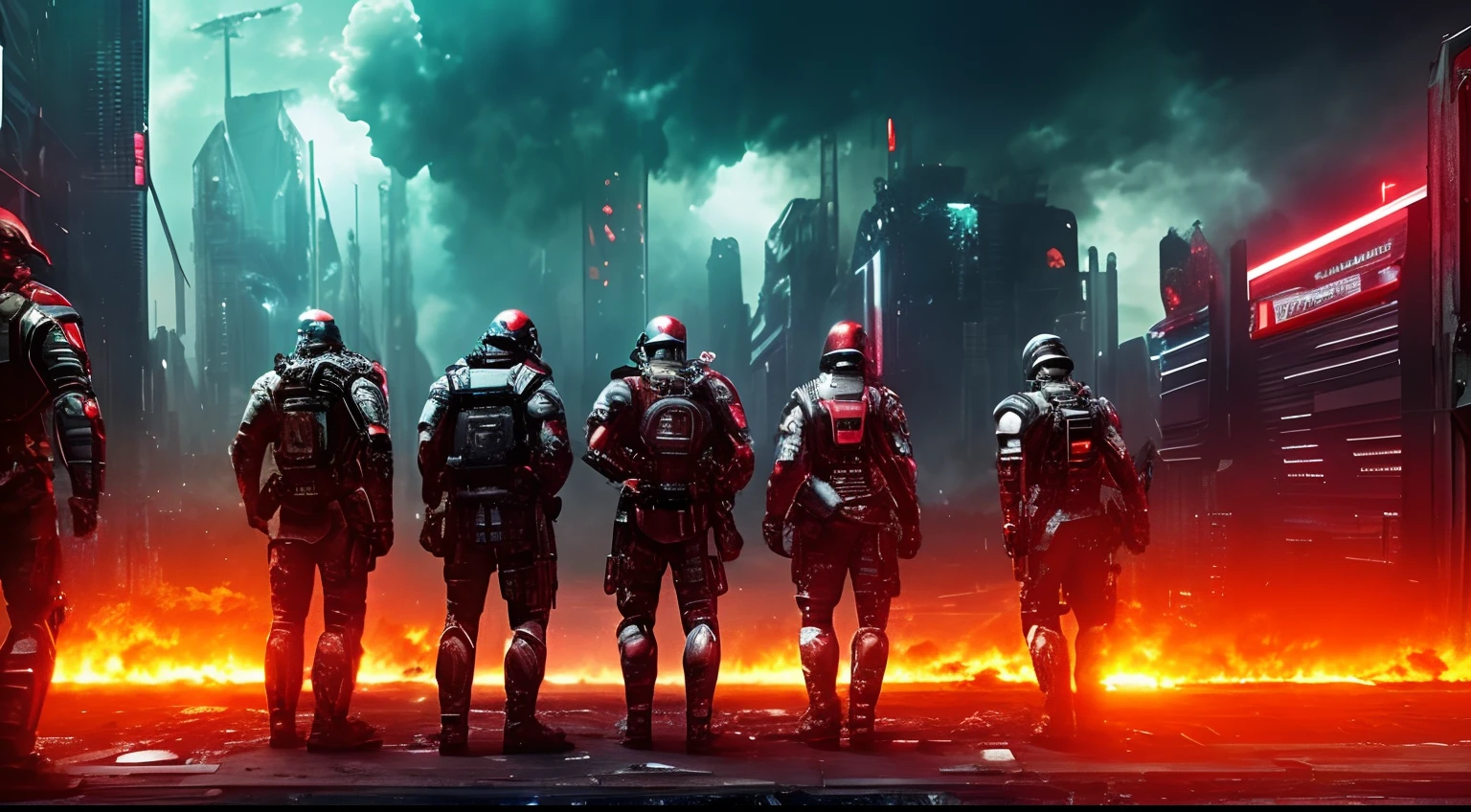 Back view of a group of armed half human cyborgs; across the view of a devastated burning metropolis, 3D; apocalyptic retro cyberpunk; thunderstorms; red color splash; dynamic color-field; cyclorama effect; ultra realistic, cinematic lighting