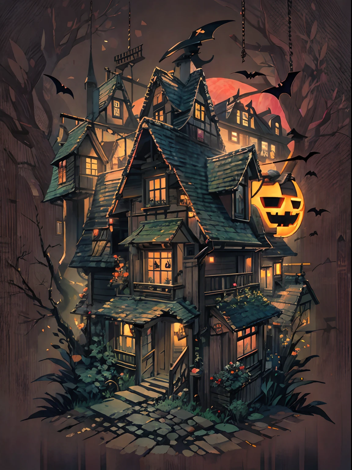 witch house, halloween-themed, t-shirt design, black background
