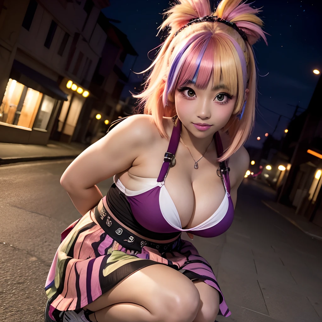 ganguro, street, smile, blush, eye shadow, multicolored hair, huge boobs, skirt, adult, crouching, looking up at viewer, top down view, night