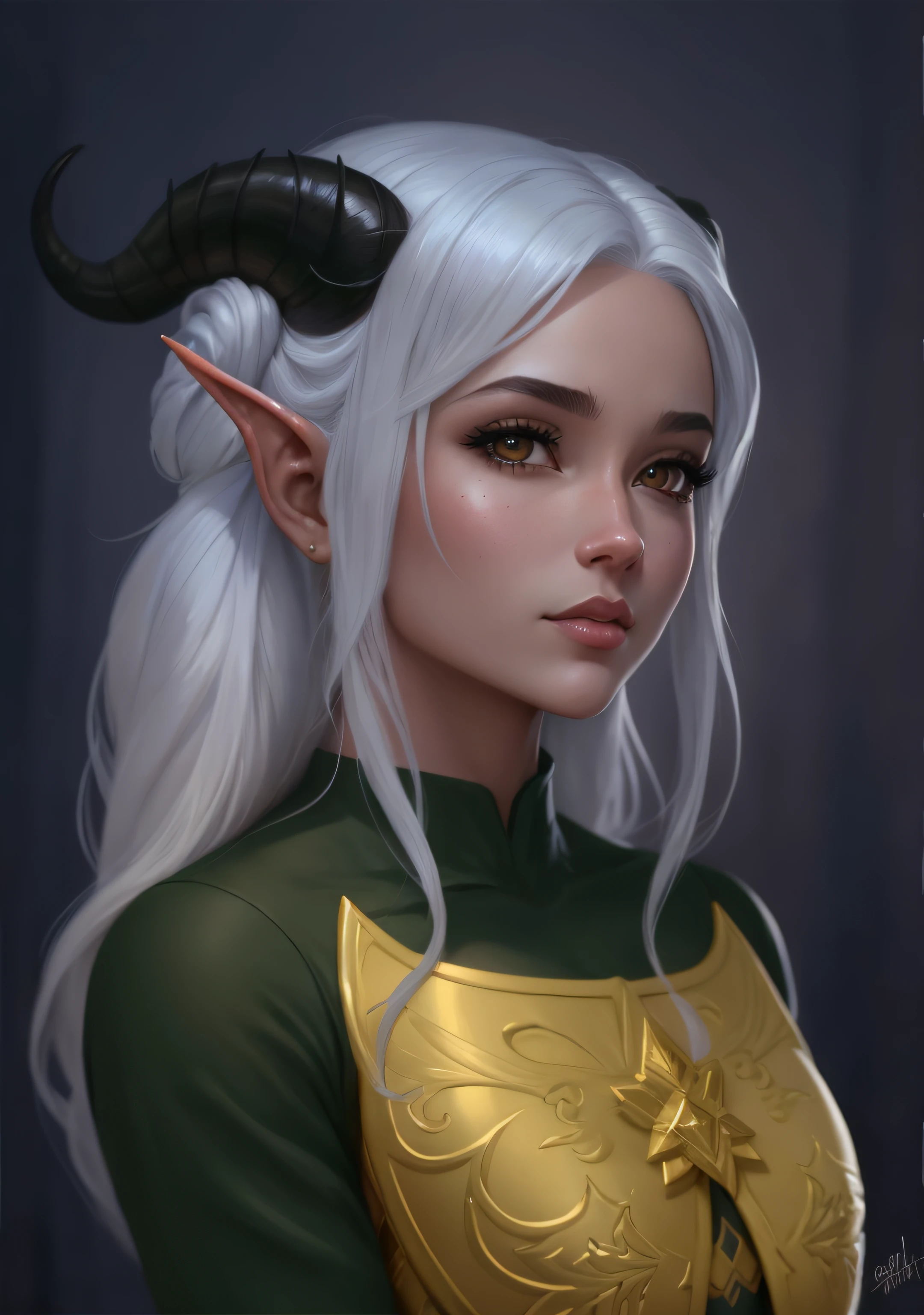 uma pintura de uma mulher com longos cabelos loiros e chifres, Ela tem orelhas de elfo e olhos dourados, bela condessa elfa escura, Elfo Negro, princesa elfo escuro, dnd retrato de um Tiefling, Aly Fell e Artgerm, Artgerm. High detail, Artgerm extremamente detalhado, Tiefling, Modelo IG | Artgerm, druida Tiefling atraente