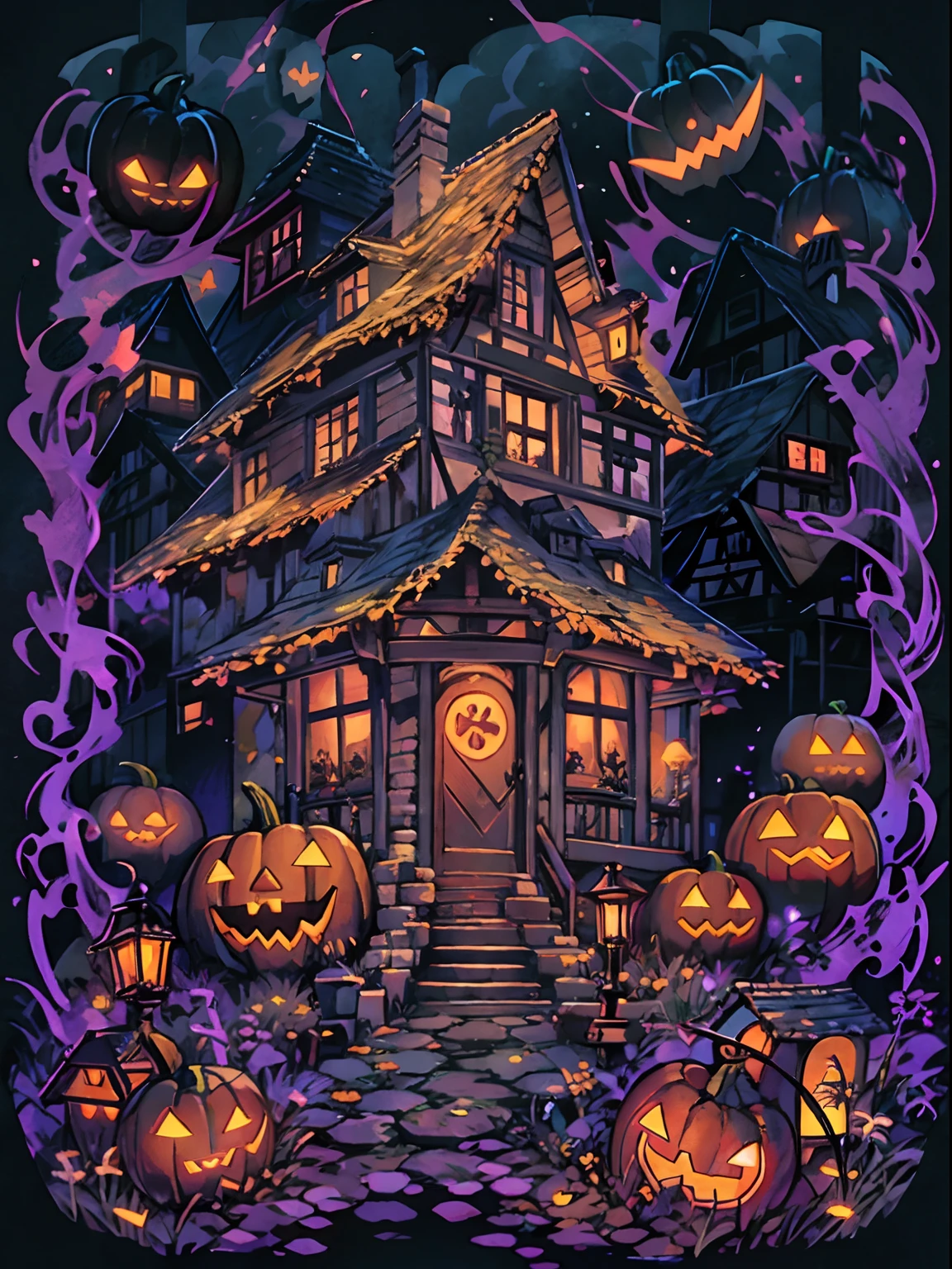 witch house, halloween-themed, t-shirt design, black background