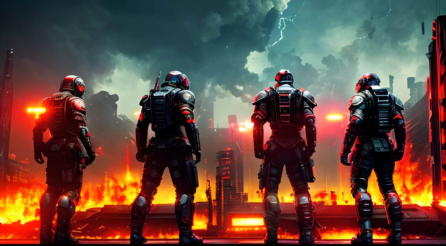 Back view of a group of armed half human cyborgs; across the view of a devastated burning metropolis, 3D; apocalyptic retro cyberpunk; thunderstorms; red color splash; dynamic color-field; cyclorama effect; ultra realistic, cinematic lighting