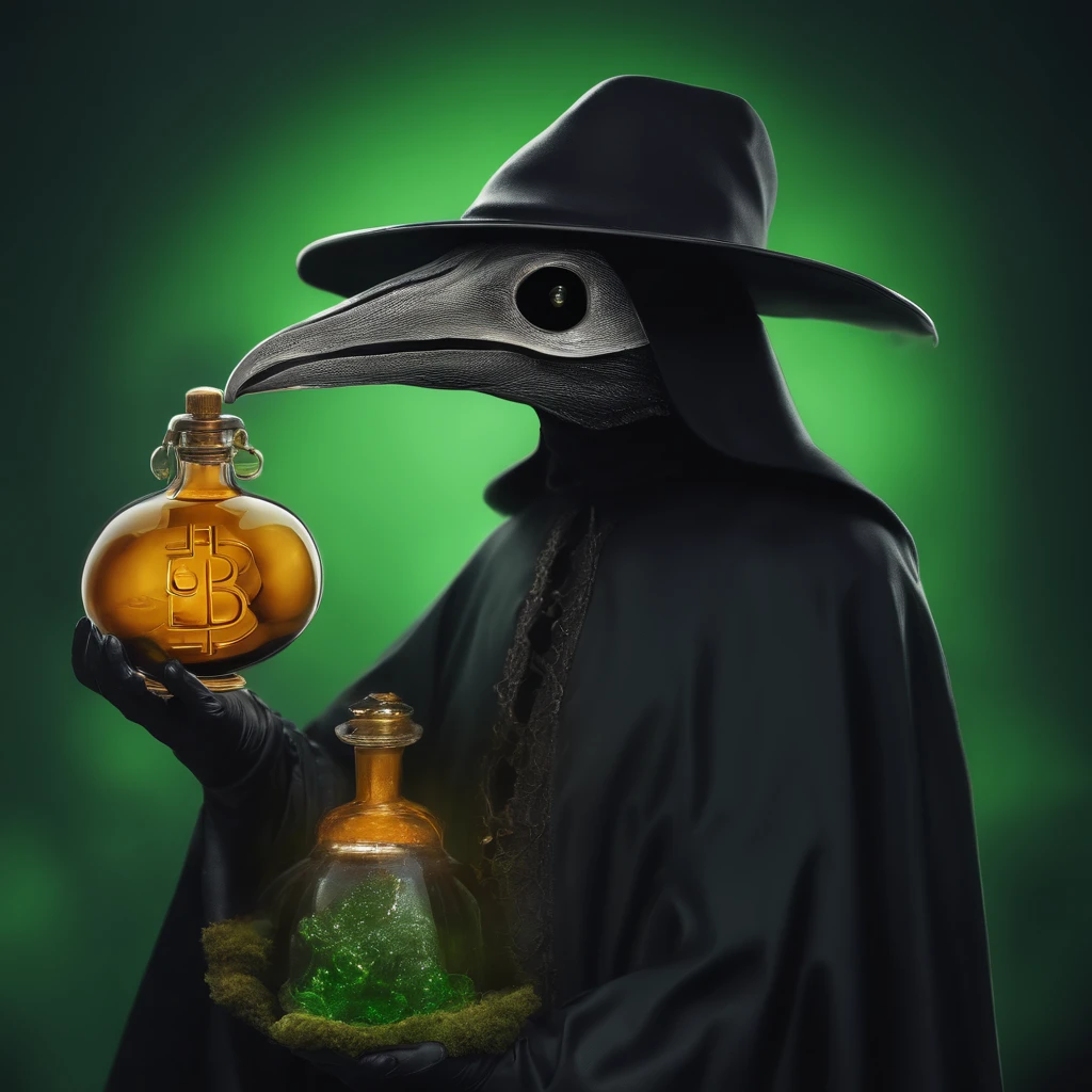 "A plague doctor with a dark mask and an ancient costume, Holding a mysterious potion in his gloved hands, In a dark and enigmatic laboratory. Ao fundo, um aura sinistra de cor verde fulgurante e venenosa, emanando raios de luz. Ao seu lado, A small green pet mouse, observando curiosamente criptomoedas, bitcoin,dinheiro."