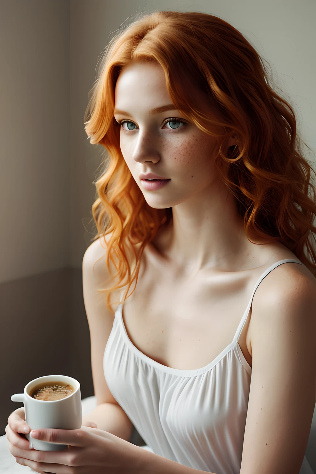 1girl in, age19, Solo, Aesthetic artwork, irish redhead, curly ginger hair, shoulder length ginger hair, gray eyes, light grey eyes, some small freckles, pale skin, A-cup, small breasts, runners body, detailed skin texture, sitting down having coffee, drinking coffee, (extremely detailed 8k wallpaper), soft lighting, high quality, film grain, Fujifilm XT3 sharp focus, f 5.6, 50mm, High Detail, Sharp focus,(natural light), in a light colored dress. A white sundress, crazy details, complex details, hyperdetailed