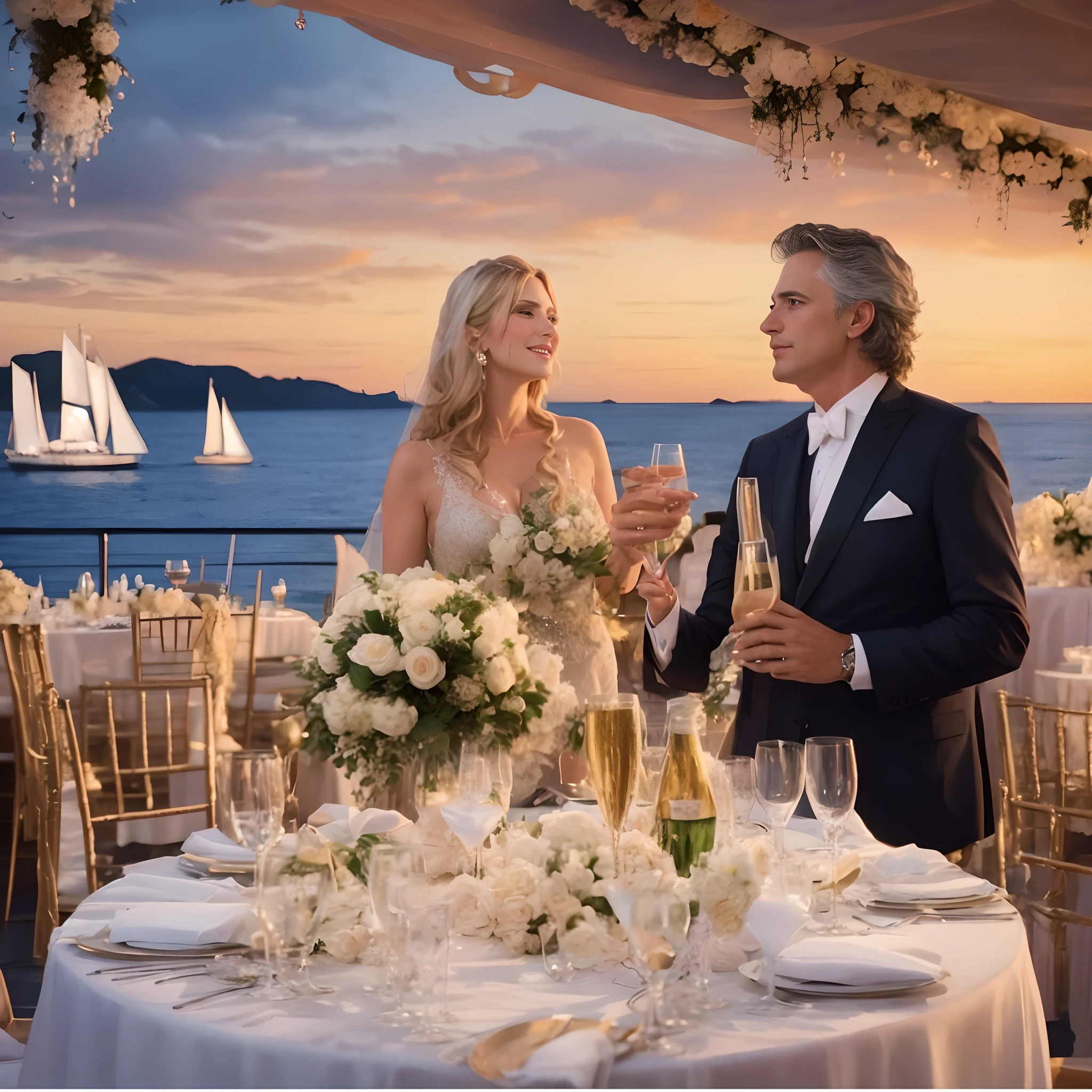 Bride and groom toast at a wedding reception on a boat, Noite, glamorous setting, ao ar livre, casamento luxuoso, Directed by: John La Gatta, Directed by: Jeanna bauck, Romantic, atmosfera cintilante intrincada, imagem realista verdadeira, romantic ambiente, estilo de vida, atmosfera deslumbrante, Directed by: Derek Zabrocki, Directed by: Pat Adams, Directed by: Caroline Mytinger, cena detalhada