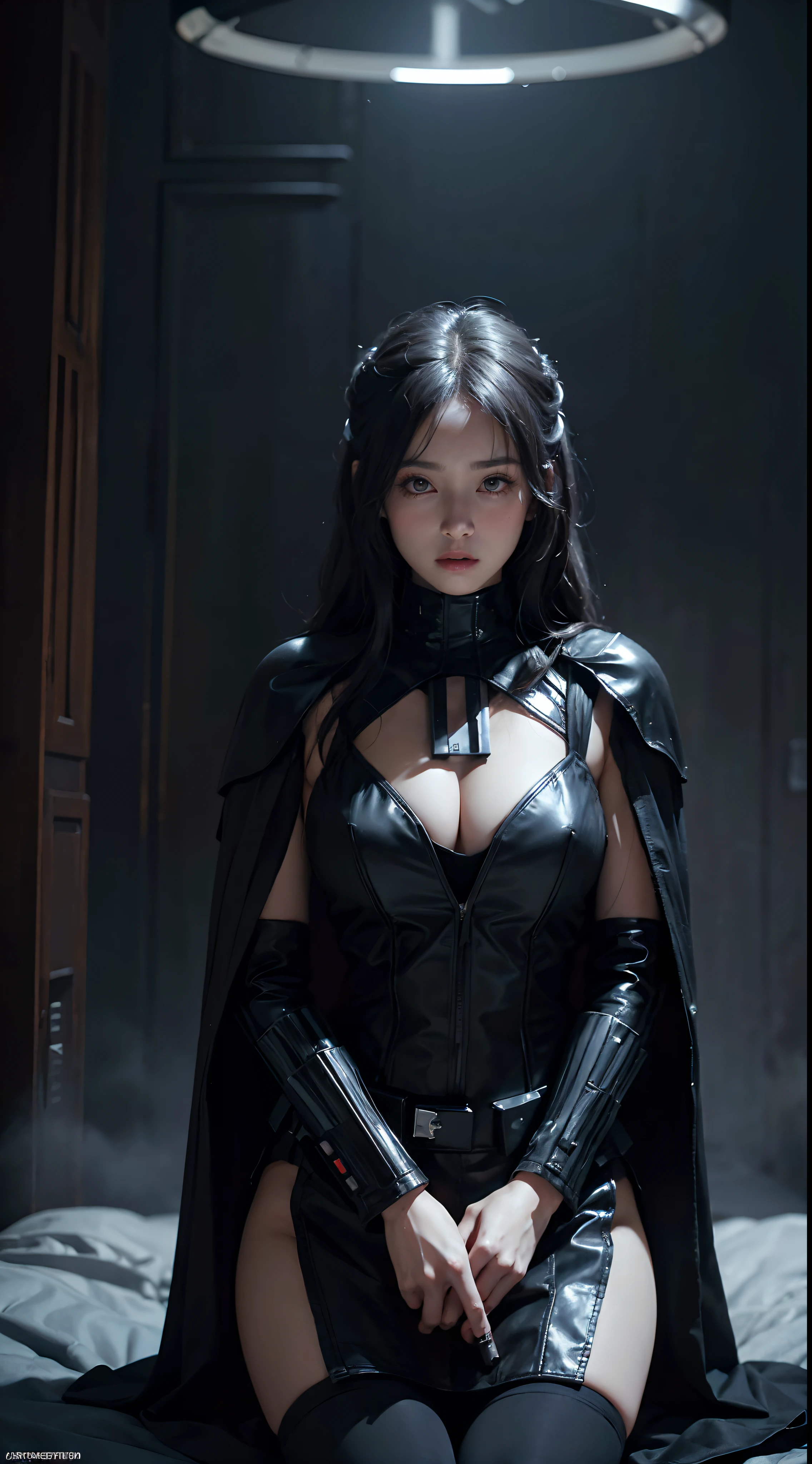 Woman dressed as Darth Vader from Star Wars, In the fortress of loneliness, Looks cool, (ultra realistis), (illustartion), (High Resolution), (8K), (Very detailed), (Best illustration), (Best Quality), (Ultra Detailed), (Masterpiece), 独奏, (dynamicpose), dark studio