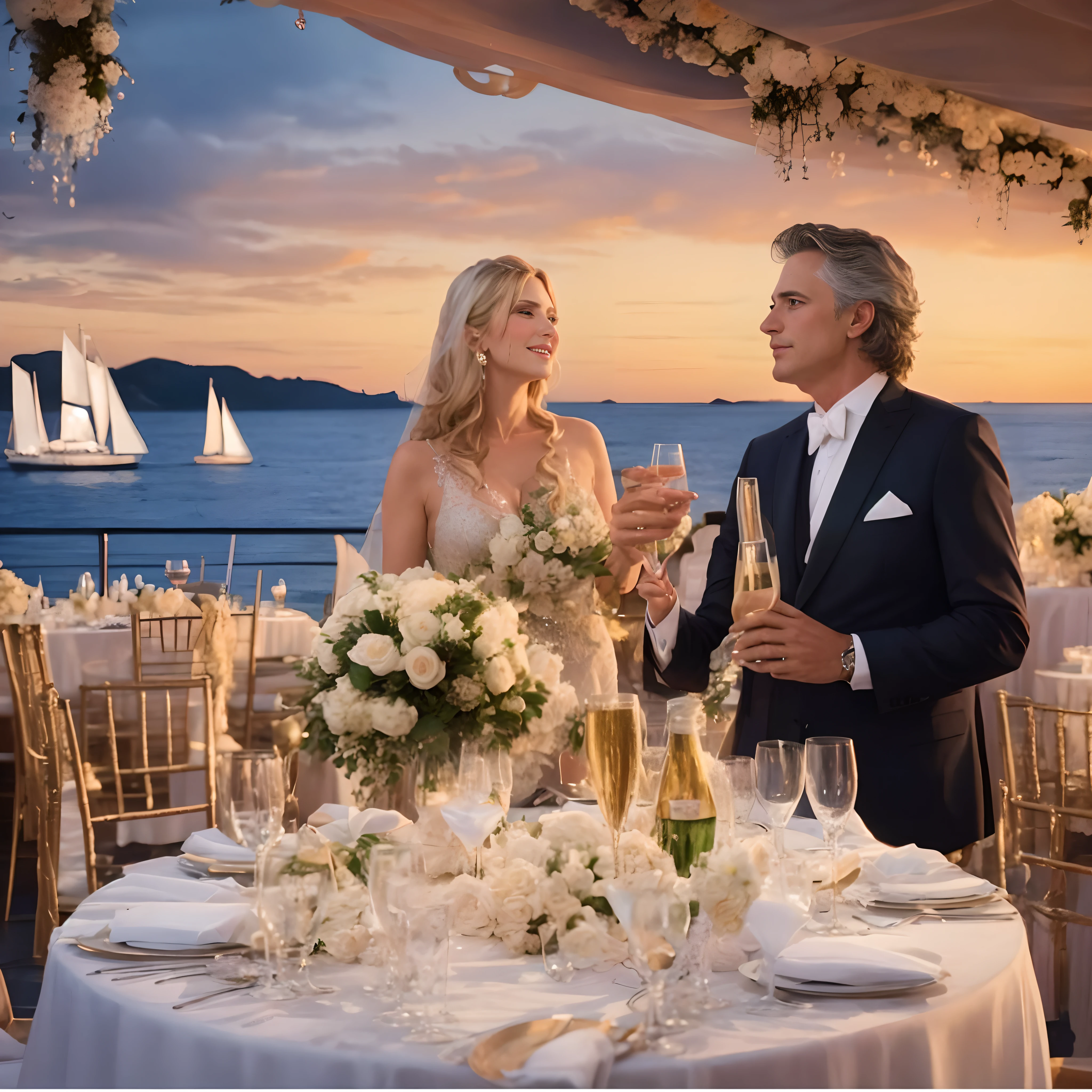 Bride and groom toast at a wedding reception on a boat, Noite, glamorous setting, ao ar livre, casamento luxuoso, Directed by: John La Gatta, Directed by: Jeanna bauck, Romantic, atmosfera cintilante intrincada, imagem realista verdadeira, romantic ambiente, estilo de vida, atmosfera deslumbrante, Directed by: Derek Zabrocki, Directed by: Pat Adams, Directed by: Caroline Mytinger, cena detalhada