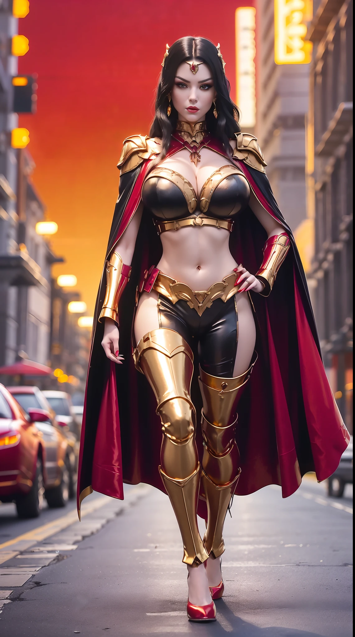 1GIRL, SOLO, (DARK HAIR, HAIR ORNAMENT), (HUGE FAKE BOOBS:1.3), (RED, BLACK, GOLD, SEXY FUTURISTIC LATEX BRA, ROYAL CAPE, CLEAVAGE:1.5), (SKINTIGHT YOGA PANTS, HIGH HEELS:1.2), (SEXY BODY, SEXY LONG LEGS, FULL BODY:1.3), (FROM FRONT, LOOKING AT VIEWER), (WALKING DOWN ON STREET NIGHT CITY:1.3), ULTRA HIGHT DEFINITION, 8K, 1080P.
