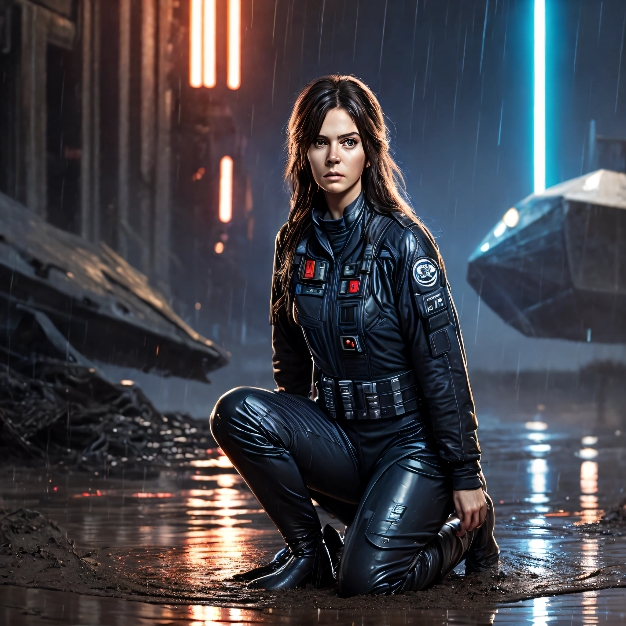 Digital painting of a frightened female Star Wars Imperial with long wet hair, in a black flight suit, kneeling in the mud and rain at night.