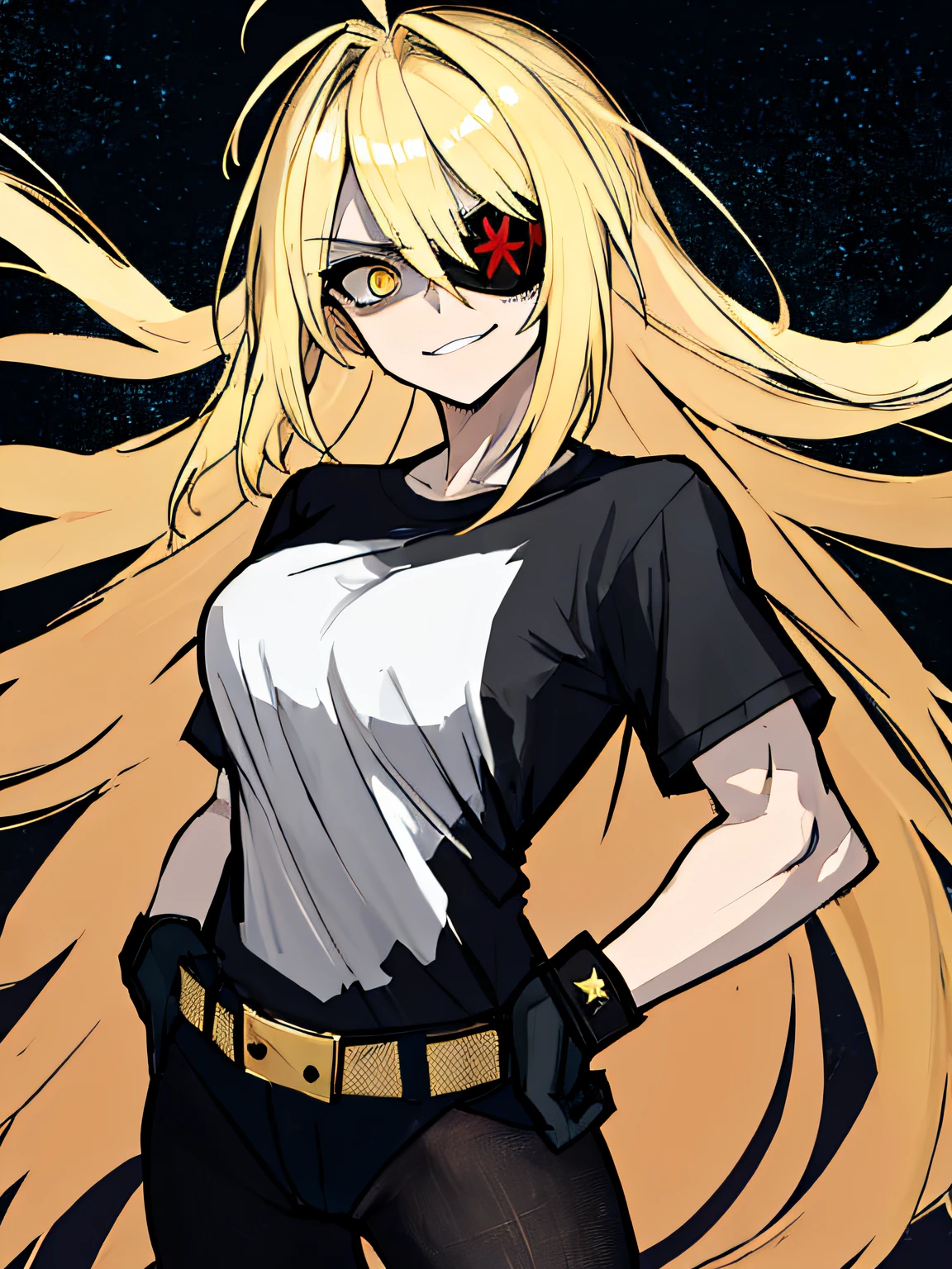 (absurdres, 8k, 4k, masterpiece, hyper extreme detailed:1.2), (masterpiece), best quality, expressive eyes, highres, perfect eyes, 1girl, perfect face, perfect hands, standing, belt, 1girl, blonde hair, eyepatch, perfect ???????, eyepatch, long hair, platinum blonde hair, muscular, toned body, strong, empty eyes, blank stare, crazy face, crazy eyes, crazy smile, gloves, graphic t- shirt, small, golden eyes, deadpan, expressionless, shaded face, messy hair, crazy hair, city background, heroic, half body, cowboy shot, night time, stars, night sky, hand on head, hands in pockets, wind, windy, pantyhose, covered abdomen
