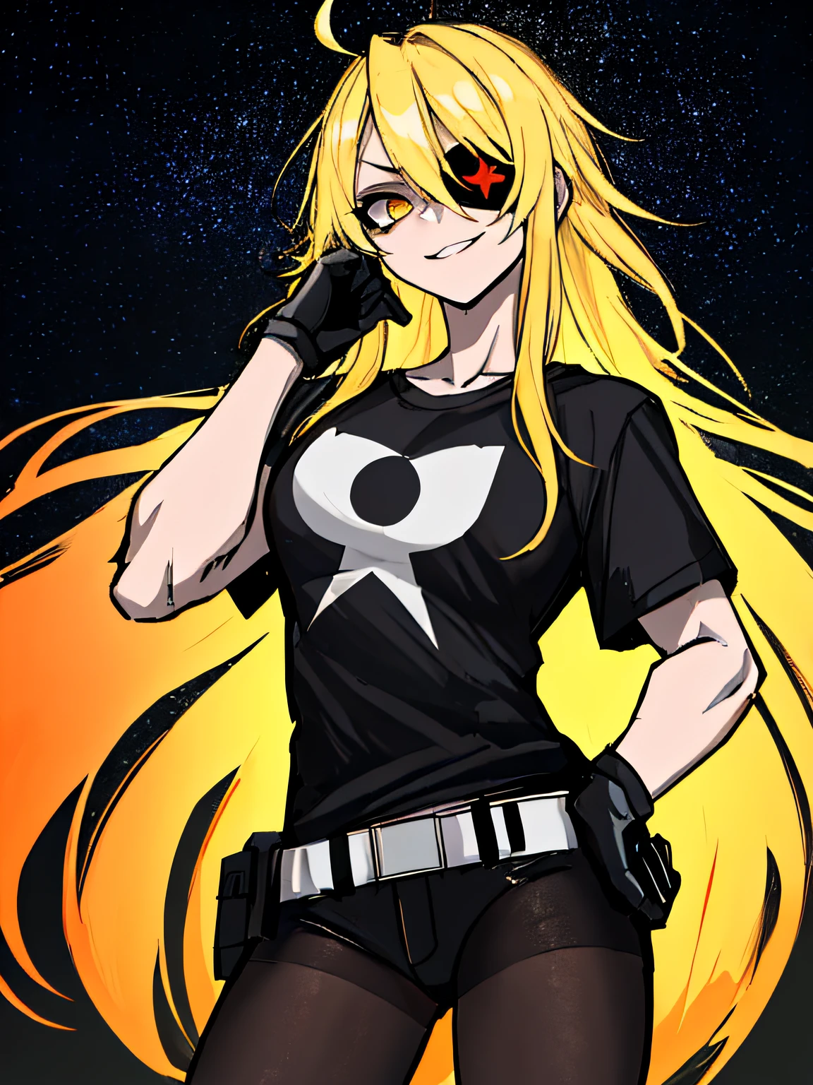 (absurdres, 8k, 4k, masterpiece, hyper extreme detailed:1.2), (masterpiece), best quality, expressive eyes, highres, perfect eyes, 1girl, perfect face, perfect hands, standing, belt, 1girl, blonde hair, eyepatch, perfect anatomy, eyepatch, long hair, platinum blonde hair, muscular, toned body, strong, empty eyes, blank stare, crazy face, crazy eyes, crazy smile, gloves, graphic t- shirt, small, golden eyes, deadpan, expressionless, shaded face, messy hair, crazy hair, city background, heroic, half body, cowboy shot, night time, stars, night sky, hand on head, hands in pockets, wind, windy, pantyhose, covered abdomen