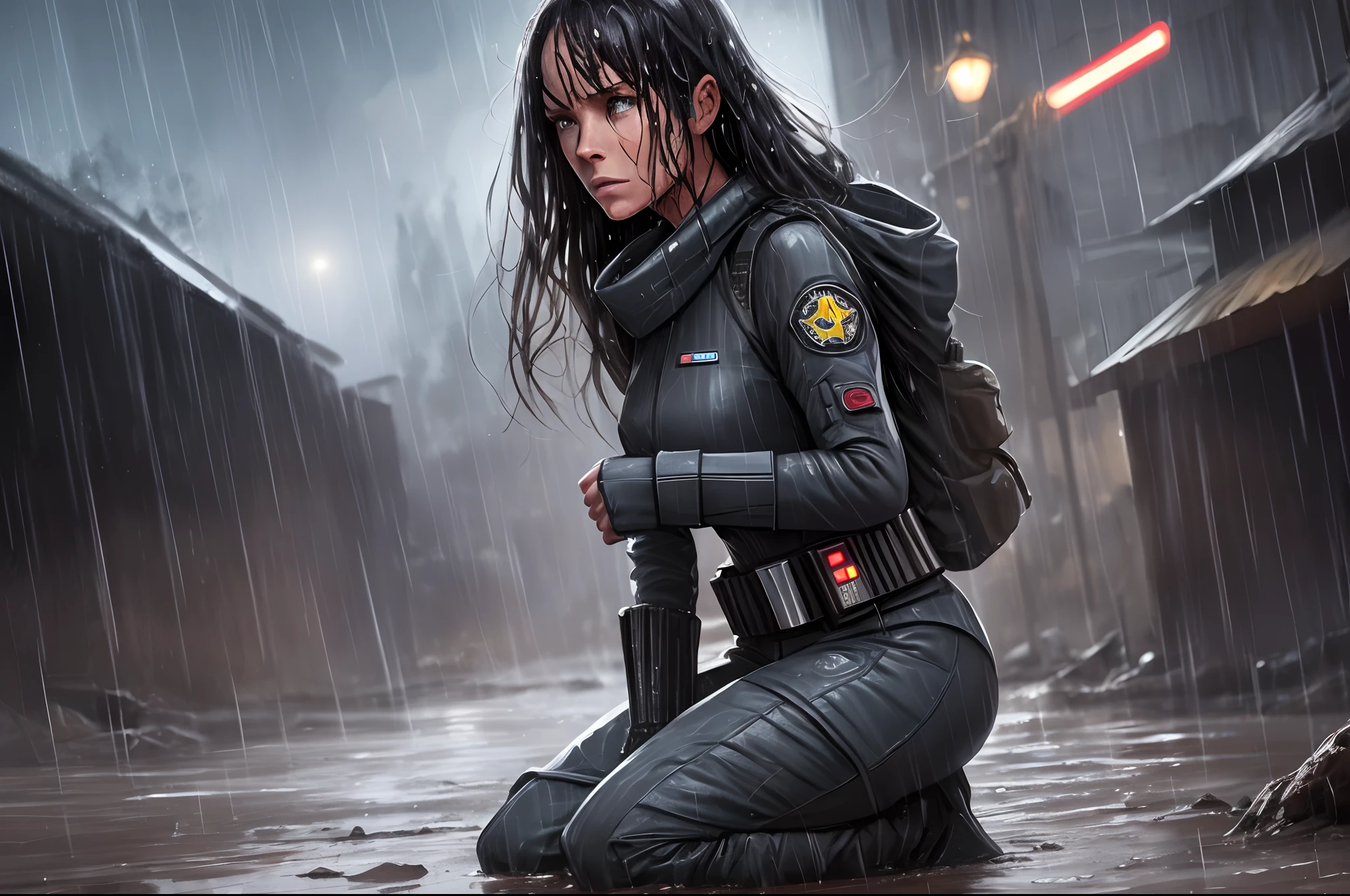 Digital painting of a frightened female Star Wars Imperial with long wet hair, in a black flight suit, kneeling in the mud and rain at night. --auto --s2