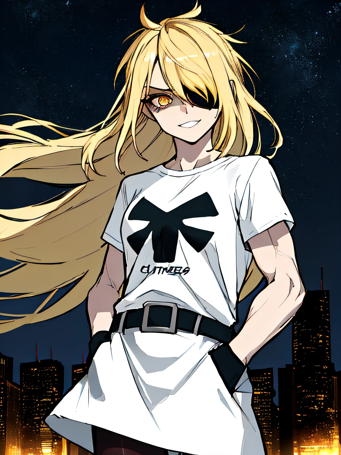 (absurdres, 8k, 4k, masterpiece, hyper extreme detailed:1.2), (masterpiece), best quality, expressive eyes, highres, perfect eyes, 1girl, perfect face, perfect hands, standing, belt, 1girl, blonde hair, eyepatch, perfect anatomy, eyepatch, long hair, platinum blonde hair, muscular, toned body, strong, empty eyes, blank stare, crazy face, crazy eyes, crazy smile, gloves, graphic t- shirt, small, golden eyes, deadpan, expressionless, shaded face, messy hair, crazy hair, city background, heroic, half body, cowboy shot, night time, stars, night sky, hand on head, hands in pockets, wind, windy, pantyhose, covered abdomen