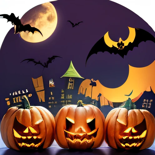 A group of pumpkins with scary faces, Morcegos no fundo, tema dia das bruxas, Atmosfera de Halloween, dia das bruxas, halloween celebration, Trajes, popular, Fallen, tema assustador de dia das bruxas, fantasia, lista, spooky halloween fun , Outubro, Halloween decorations, Mais detalhes, Mais acessados, header, estilo de arte de dia das bruxas, ela, destacar, atmosfera assustadora e assustadora, fofo, 5 d, 5D