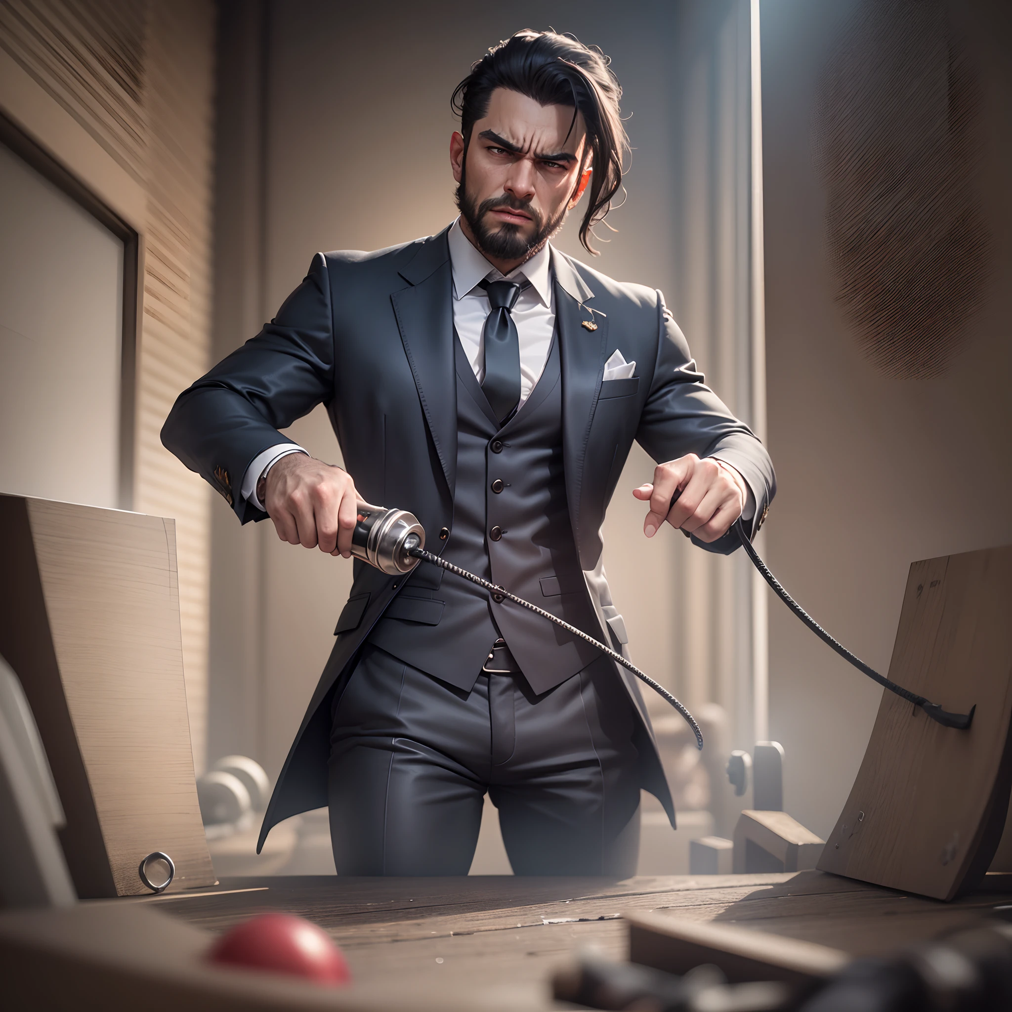 Realistic, 3d , cinematic, 8k , high detailed, best quality,oily , 8k , middle eastern, wearing suit , lash with hand , angry, devil smail , short beard . Master bdsm , --auto --s2