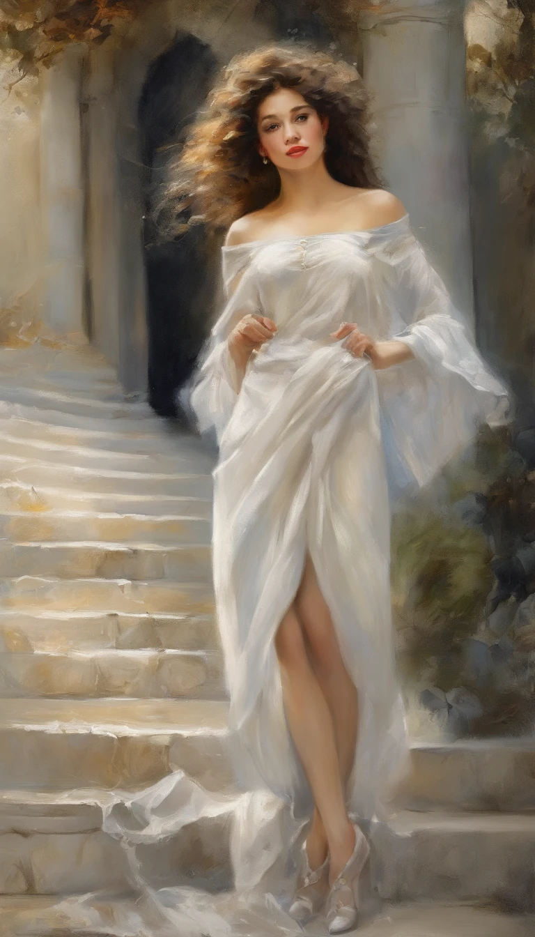 ((Looking back)), (((full bodyesbian))), ((Realistic)), ((From behind, From below)), ((off-the-shoulder clothes)), Beautiful young girl, Beautiful Korean model, cabellos largos dorados, curlies, By bangs, (slender leg), (cold light, the night, starrysky), (at winter season, nevando). ((White sweater, Short black skirt), Detailed scenes, the detail,Hyper-detailed, (correct hand), (anatomy correct), (best qualtiy,tmasterpiece)