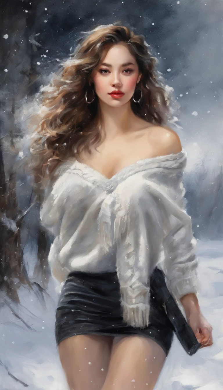 ((Looking back)), (((full bodyesbian))), ((Realistic)), ((From behind, From below)), ((off-the-shoulder clothes)), Beautiful young girl, Beautiful Korean model, cabellos largos dorados, curlies, By bangs, (slender leg), (cold light, the night, starrysky), (at winter season, nevando). ((White sweater, Short black skirt), Detailed scenes, the detail,Hyper-detailed, (correct hand), (anatomy correct), (best qualtiy,tmasterpiece)