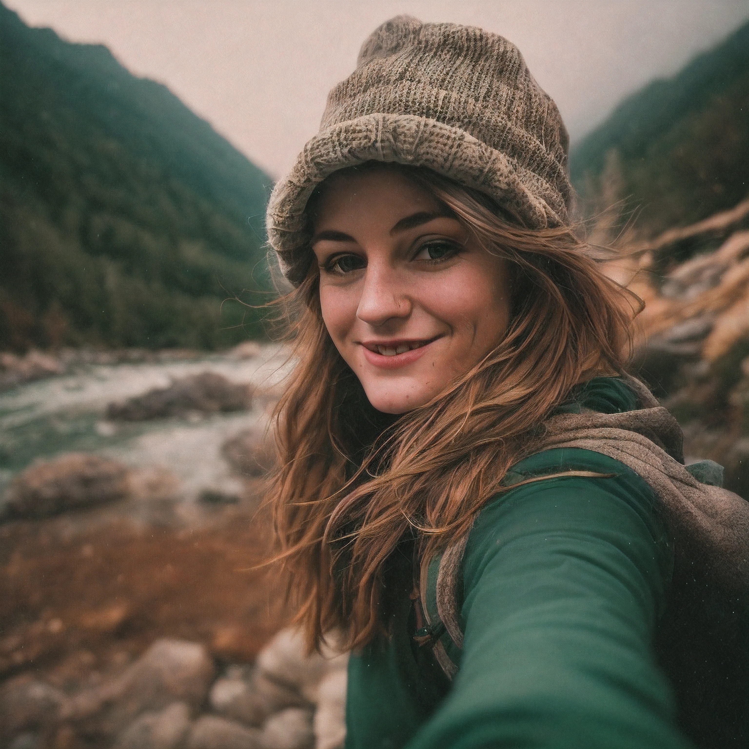 1 woman((upper body selfie, happy)), masterpiece, best quality, ultra-detailed, solo, outdoors, (night), mountains, nature, (stars, moon) cheerful, happy, backpack, sleeping bag, camping stove, water bottle, mountain boots, gloves, sweater, hat, flashlight, forest, rocks, river, wood, smoke, shadows, contrast, clear sky, analog style (look at viewer:1.2) (skin texture) (film grain:1.3), (warm hue, warm tone) :1.2), close up, cinematic light, sidelighting, ultra high res, best shadow, RAW, upper body, wearing pullover