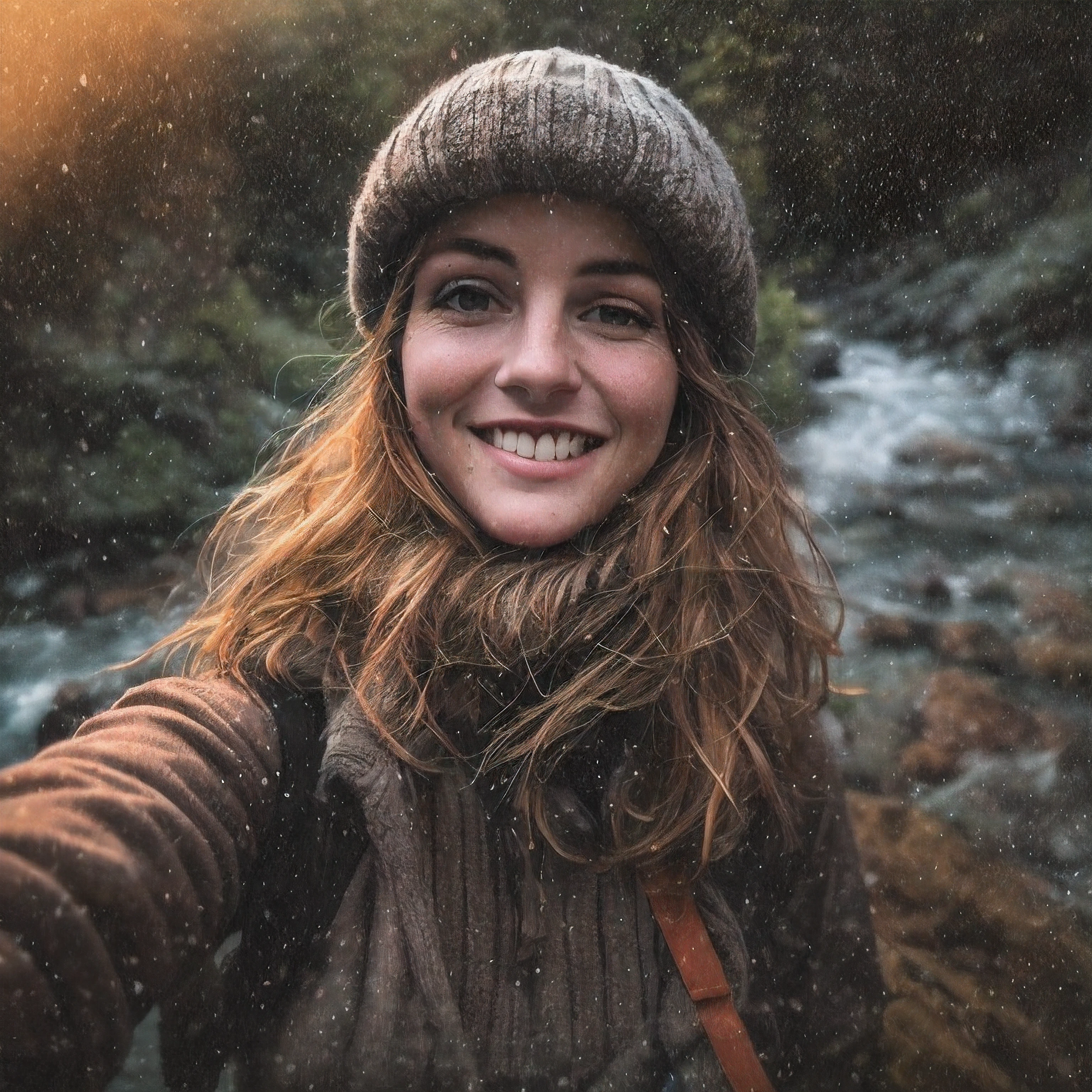 1 woman((upper body selfie, happy)), masterpiece, best quality, ultra-detailed, solo, outdoors, (night), mountains, nature, (stars, moon) cheerful, happy, backpack, sleeping bag, camping stove, water bottle, mountain boots, gloves, sweater, hat, flashlight, forest, rocks, river, wood, smoke, shadows, contrast, clear sky, analog style (look at viewer:1.2) (skin texture) (film grain:1.3), (warm hue, warm tone) :1.2), close up, cinematic light, sidelighting, ultra high res, best shadow, RAW, upper body, wearing pullover