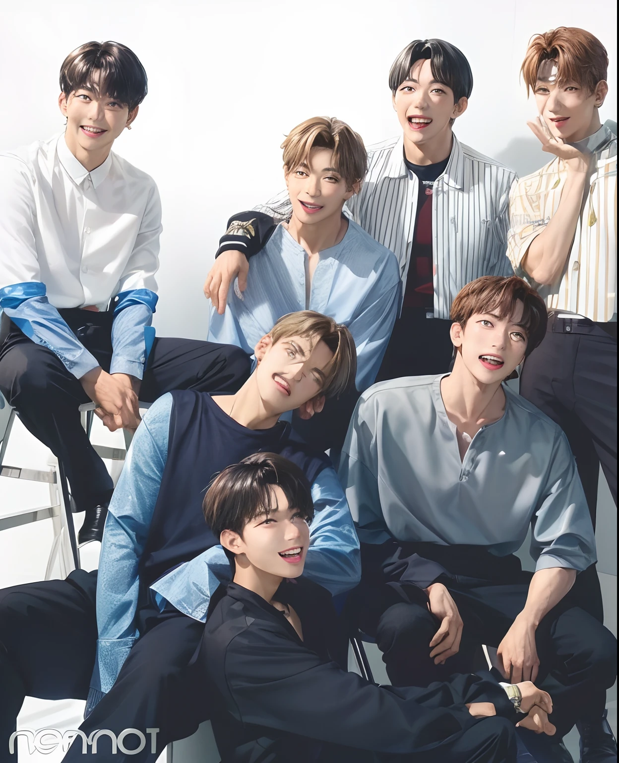 Jeon Jungkook e Kim Taehyung do BTS, are in the dressing room, Alone. Taehyung was wearing a white dress shirt and brown dress pants., he had curly blond hair, they were perfect, he was lying on the couch, with a slightly flushed and sweaty face. Jeon Jungkook was lying between Taehyung's legs, place one of your hands on the arm of the sofa, while the other held Taehyung's leg. Jungkook was dressed in a black suit, her hair was slightly messy and wet, her lip piercing was a charm for her pretty face. Taehyung had one of his hands on Jungkook's right arm., and the other on the waistband of Jungkook's suit pants.